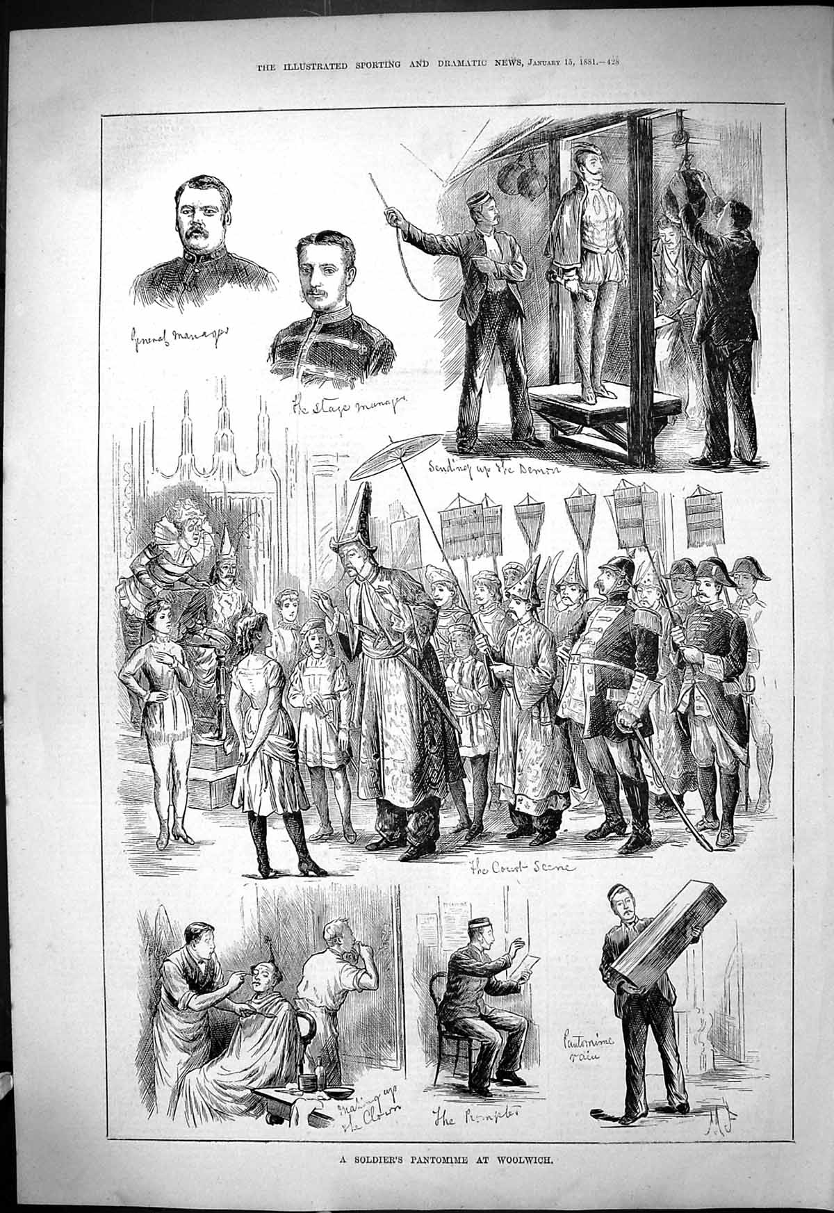 Original Old Antique Print 1881 Siers Pantomime Woolwich Theatre Court Scene