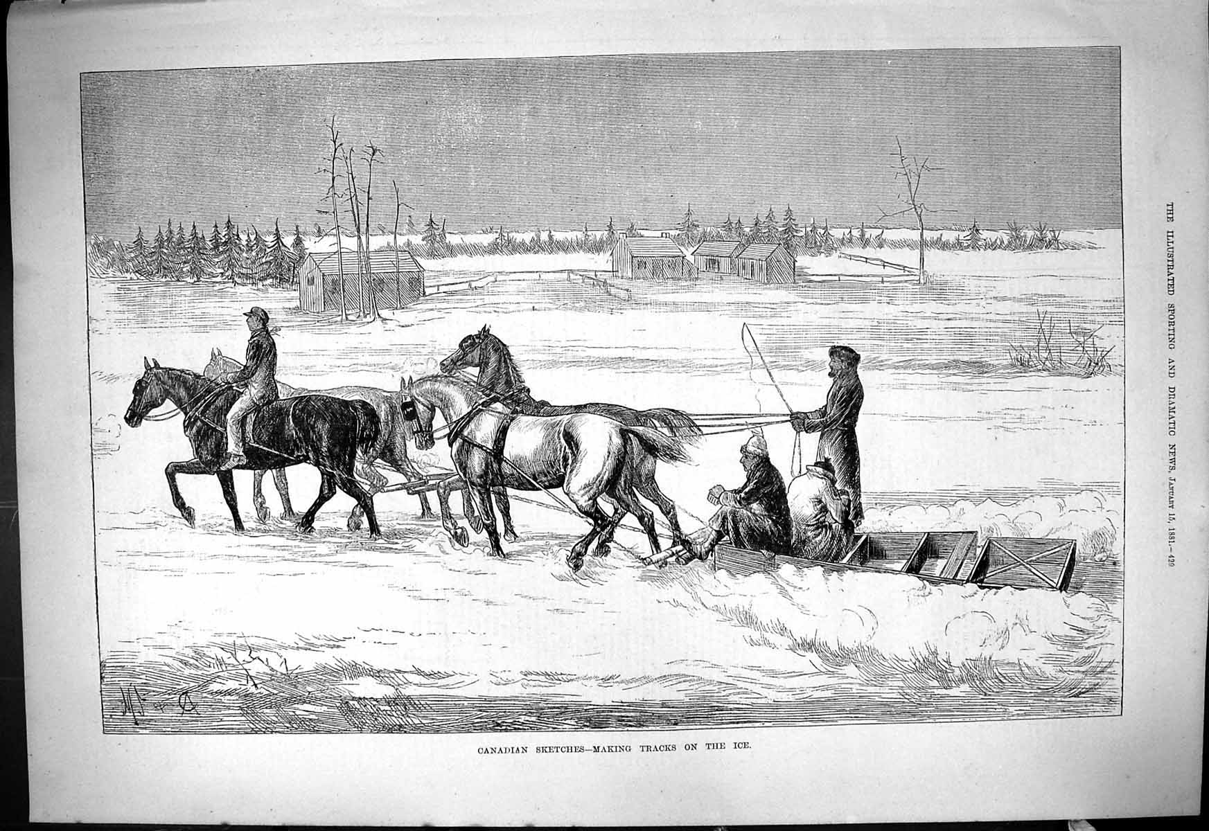 Original Old Antique Print 1881 Canada Horses Making Tracks Ice Sledge 19th