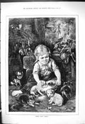 Original Old Antique Print 1881 Drink Puppy Young Girl Feeding Pet Dogs Milk