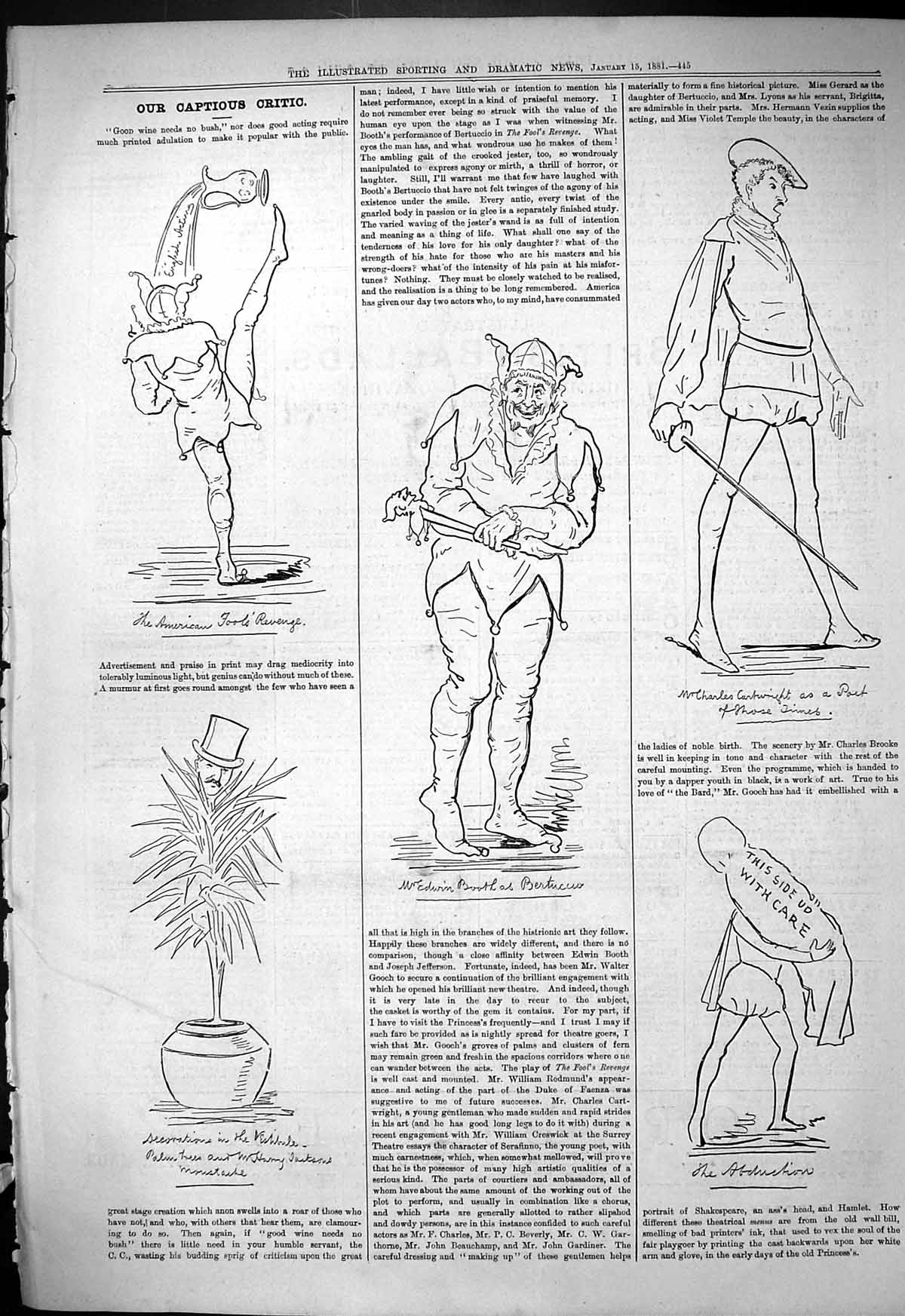 Old Print 1881 Captious Critic Theatre American Fool'S Revenge Cartwright 19th
