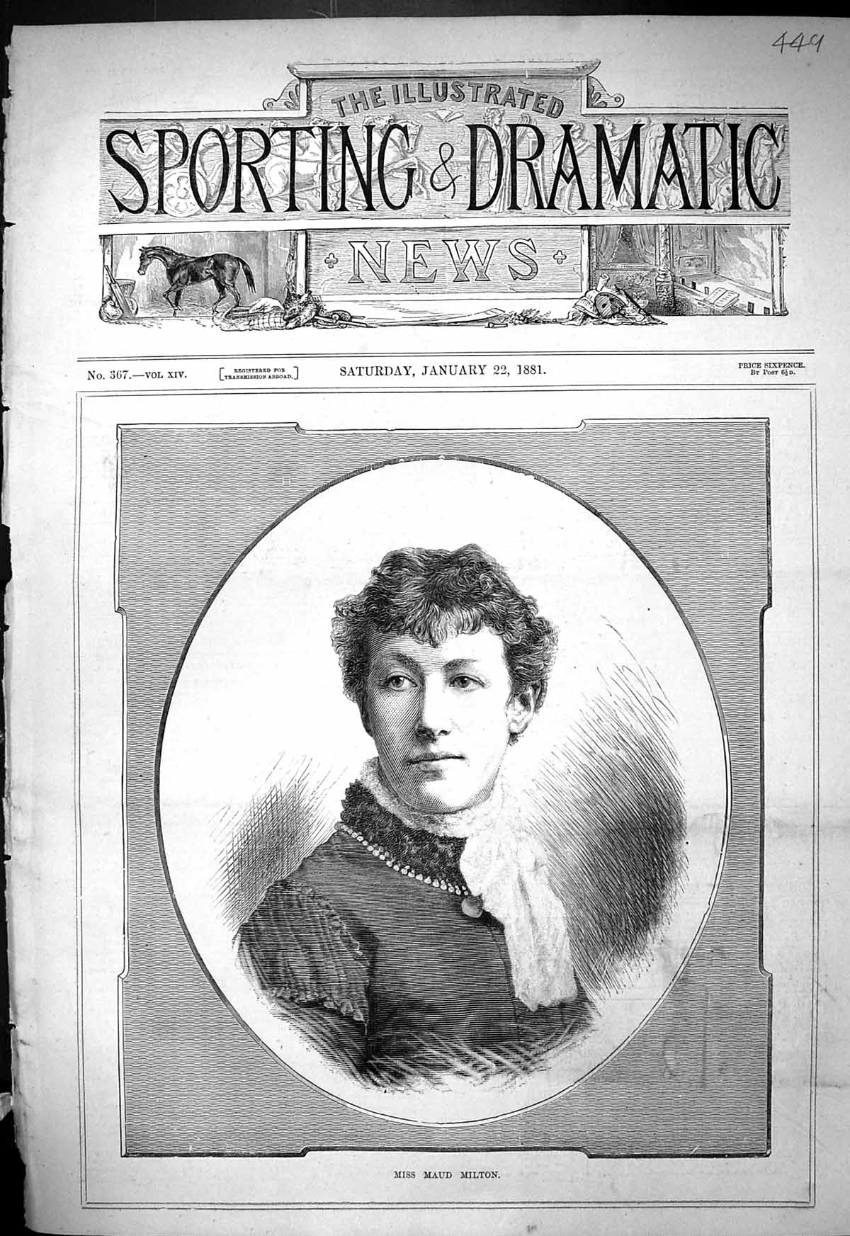 Original Old Antique Print 1881 Portrait Miss Maud Milton Beautiful Woman 19th