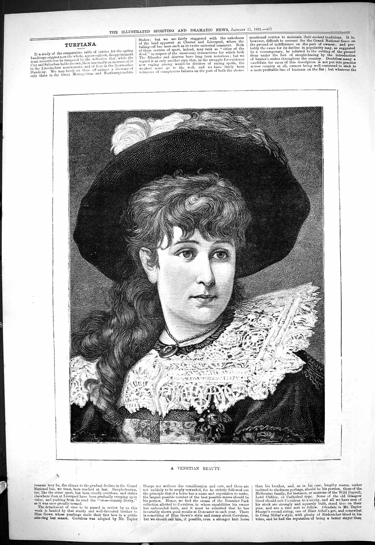 Original Old Antique Print 1881 Portrait Venetian Beauty Woman 19th