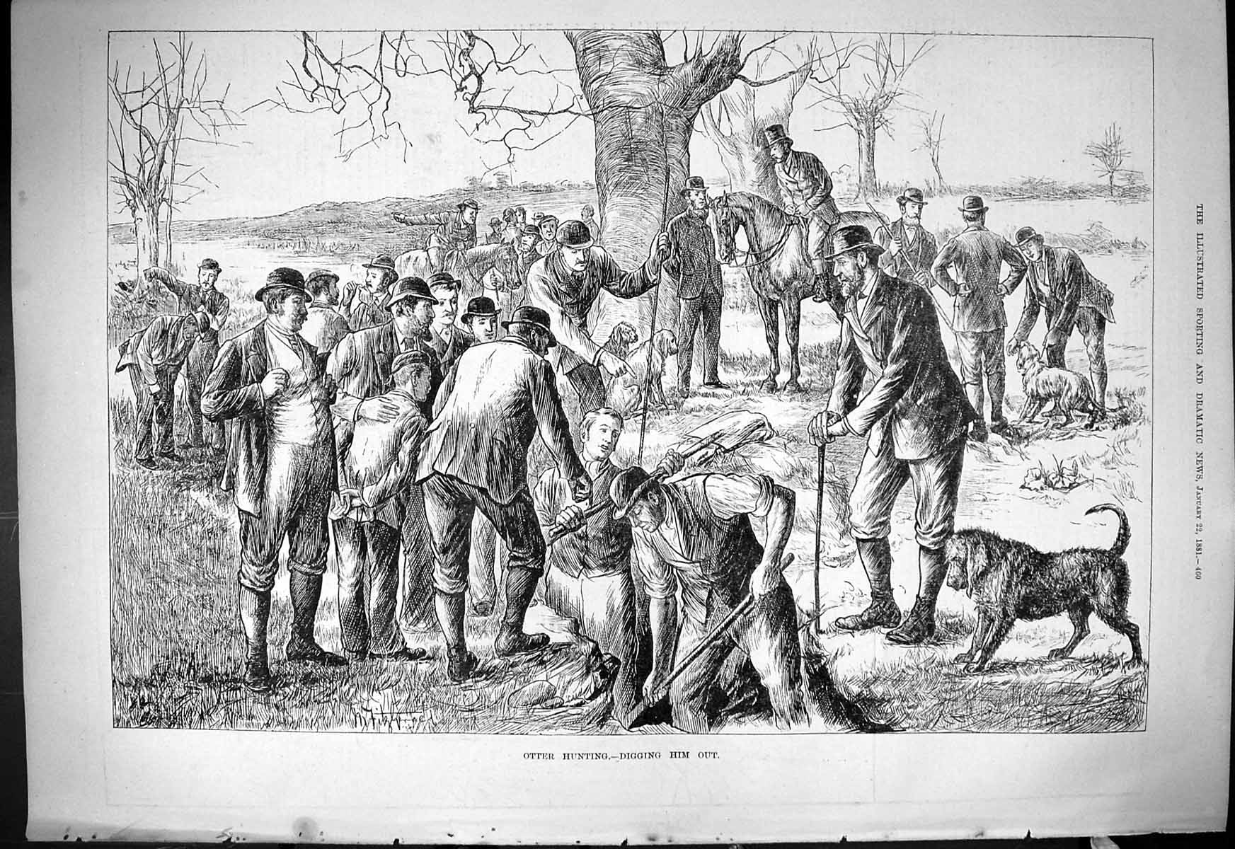 Original Old Antique Print 1881 Otter Hunting Digging Him Out Huntsmen Dogs