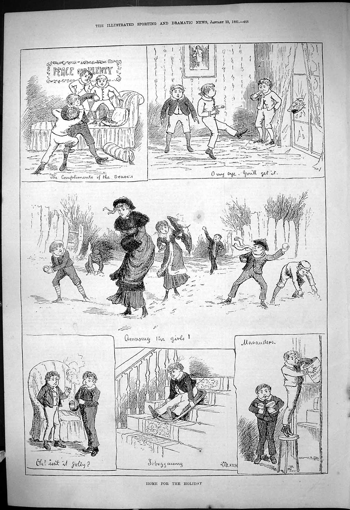 Antique Old Print 1881 Home For The Holidays Children Snowballs Tobogganing