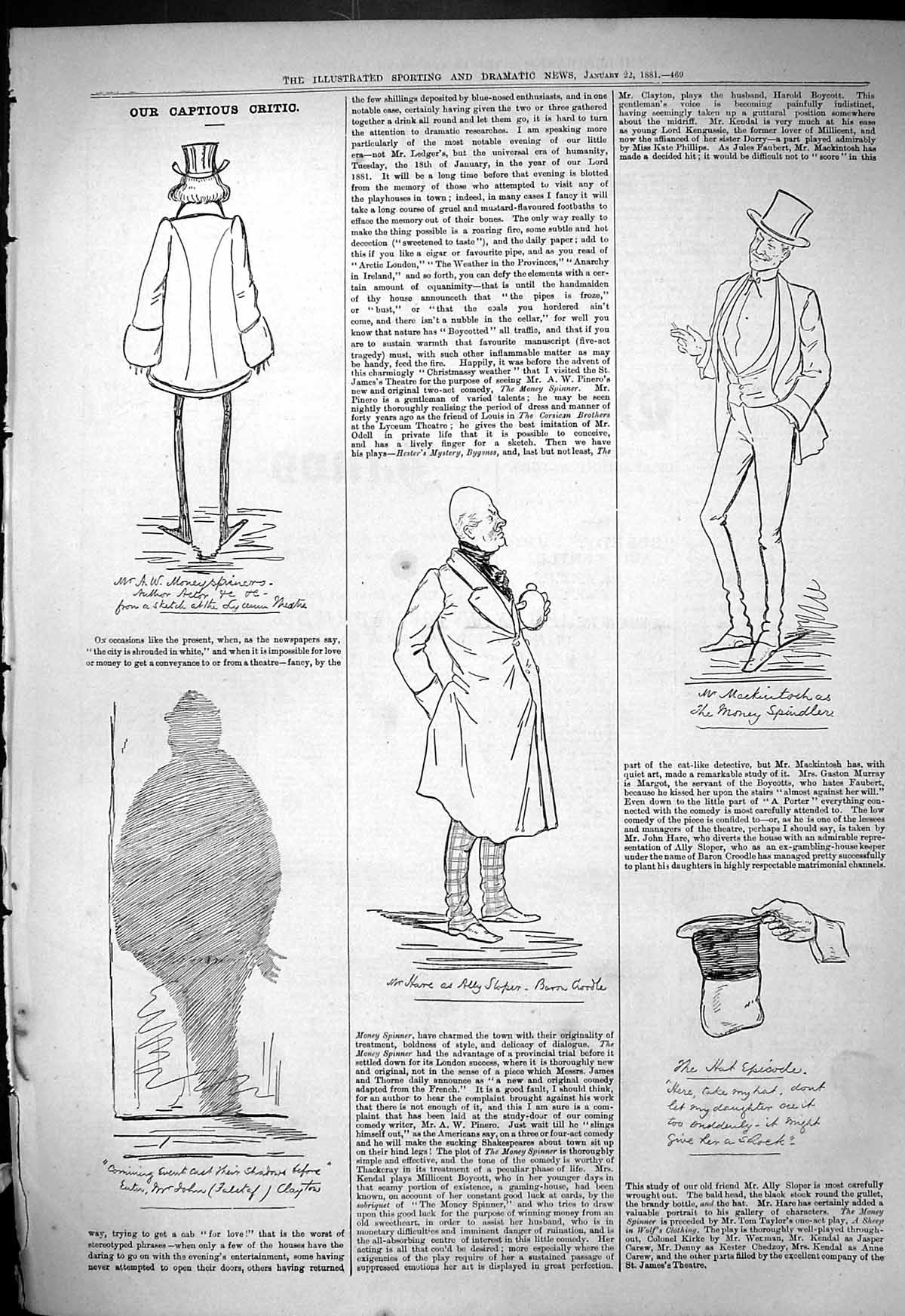 Original Old Antique Print 1881 Captious Critic Theatre Mackintosh Ally Baron