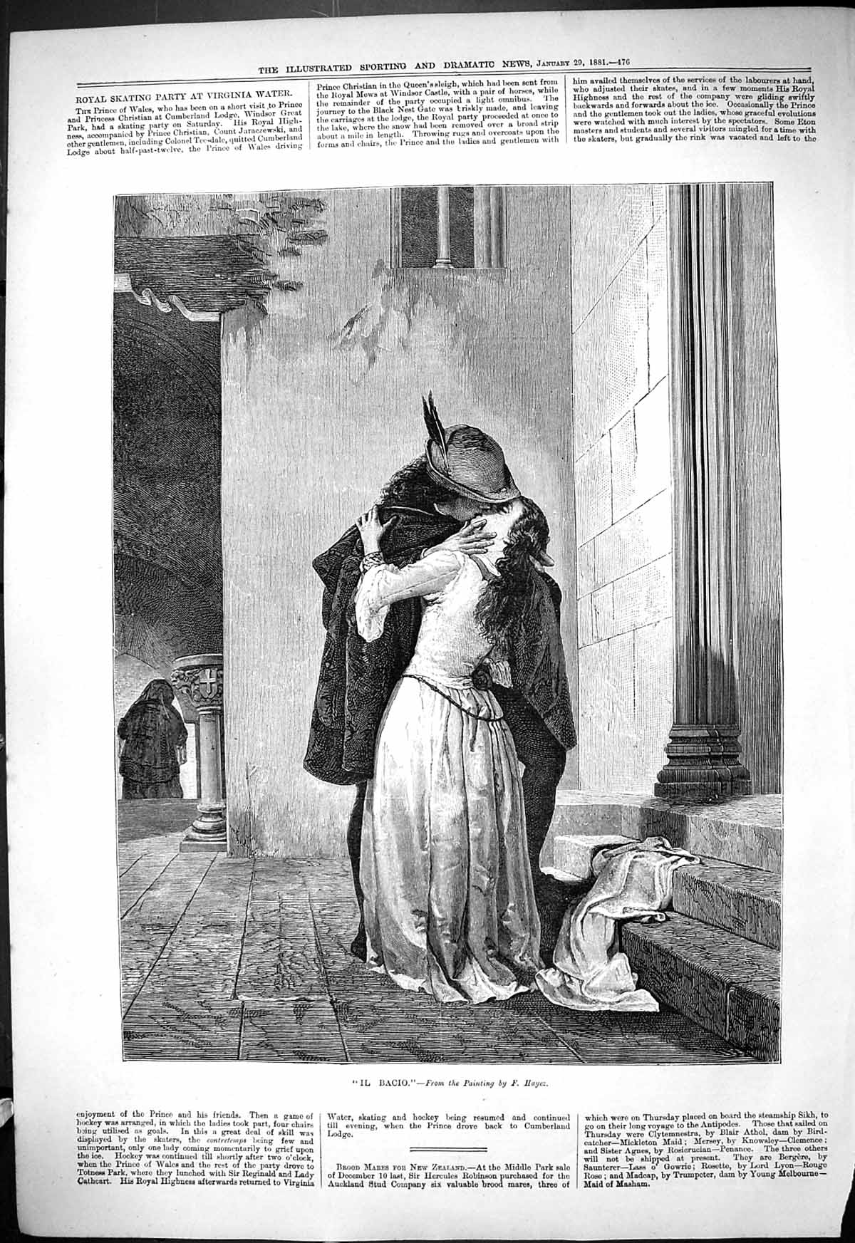 Original Old Antique Print 1881 Man Lady Romance Kissing Il Bacio Hayez 19th
