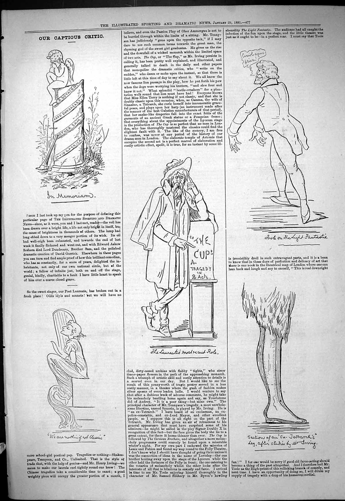 Original Old Antique Print 1881 Captious Critic Theatre Memorian 19th