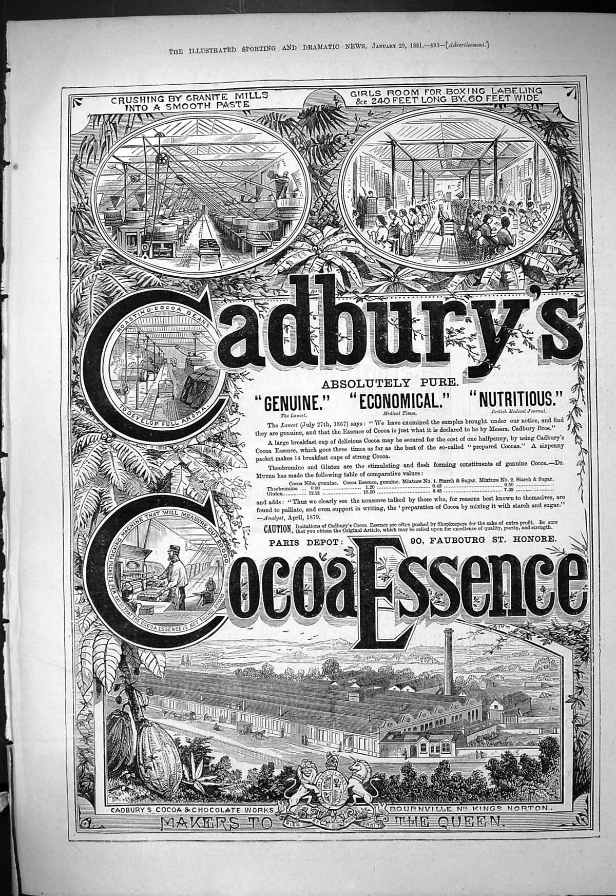 Old 1881 Advertisement Cadbury'S Cocoa Essence Chocolate King'S Norto Victorian