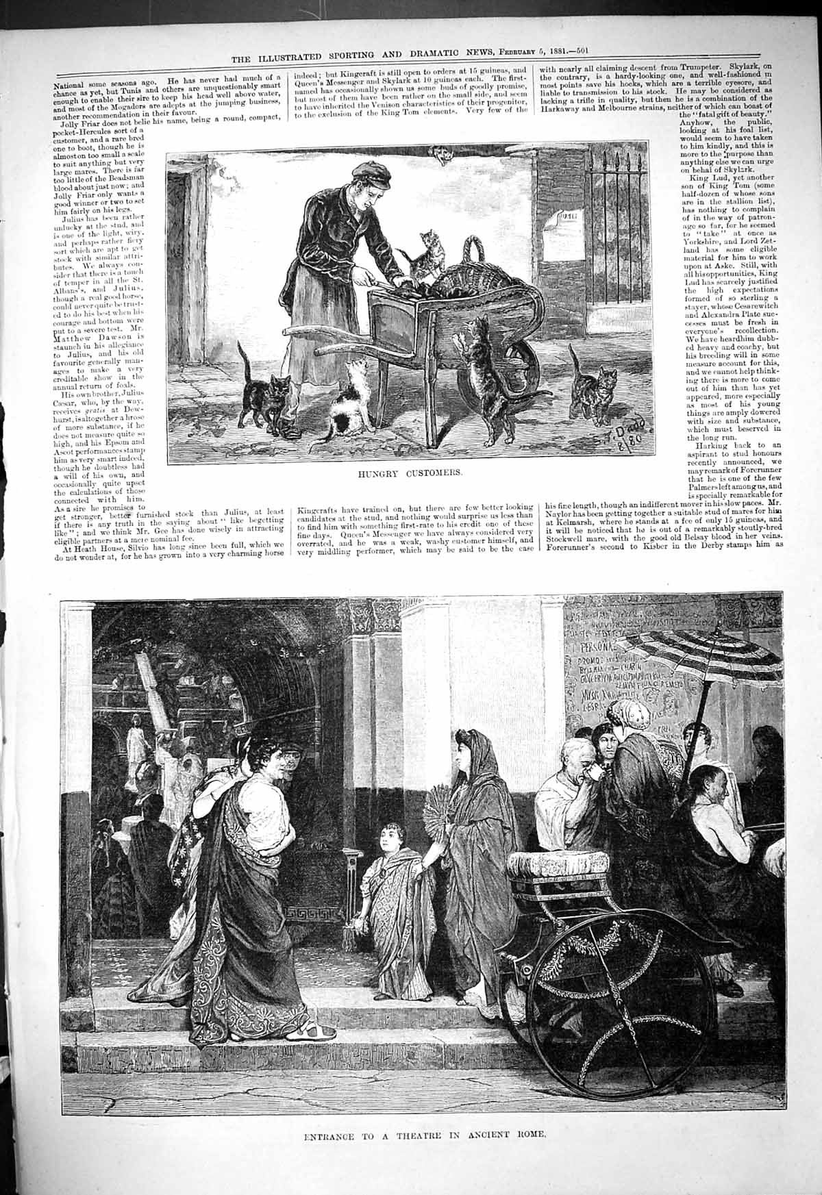 Old 1881 Hungry Customers Man Cart Cats Entrance Theatre Ancient Rome Victorian