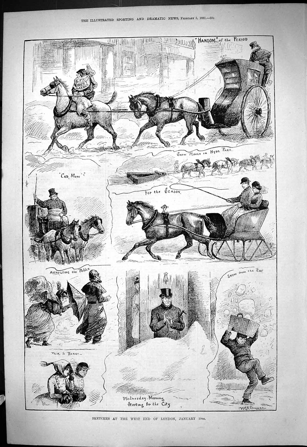 Old Antique Print 1881 West End London Ice Snow Plough Hyde Park Horses 19th