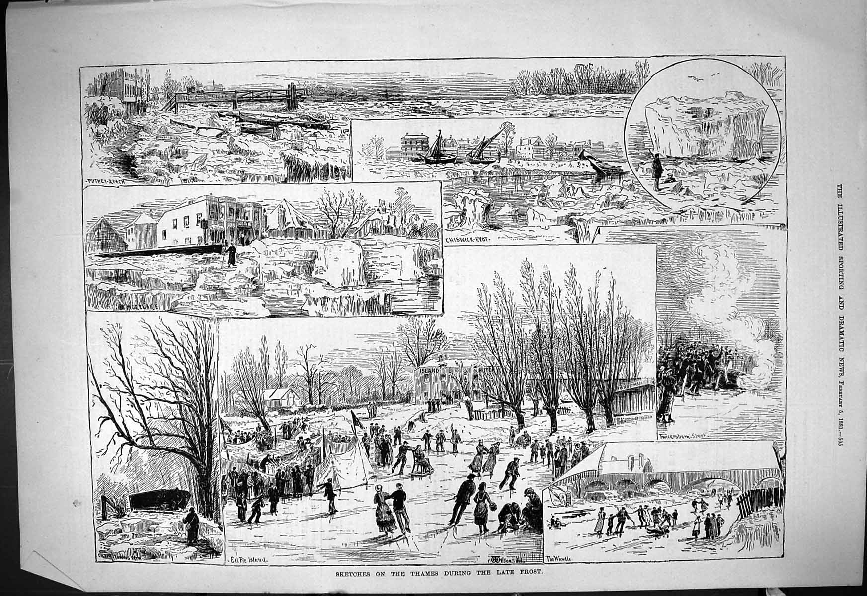Old 1881 Sketches River Thames Chiswick Twickenham Putney London Eel Victorian