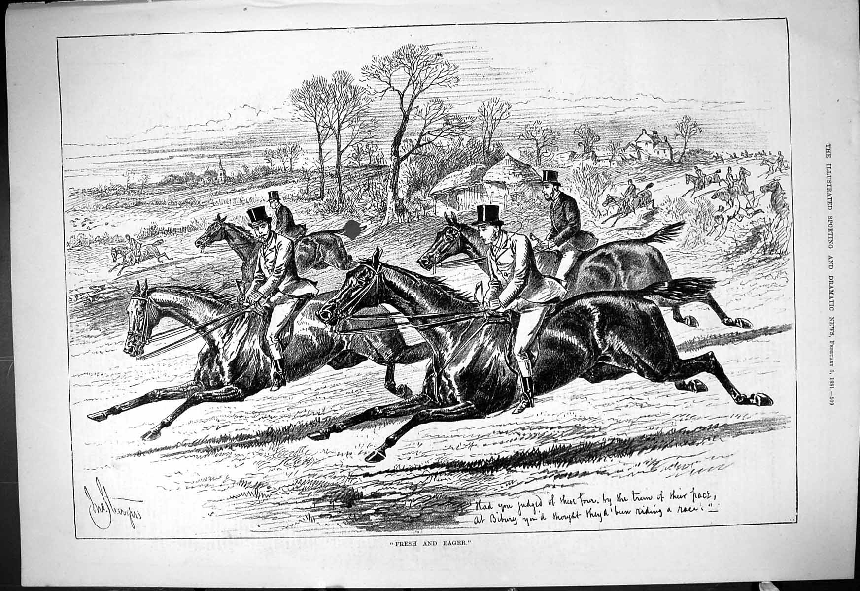 Original Old Antique Print 1881 Damaged Fresh Eager Horses Hunting Huntsmen