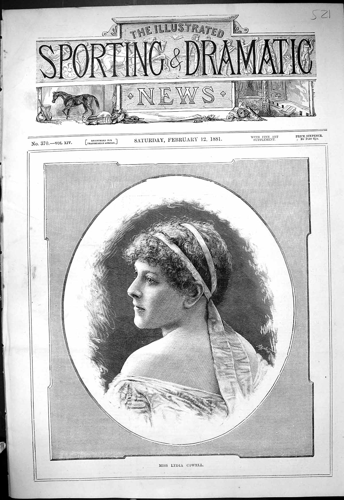 Original Old Antique Print 1881 Portrait Miss Lydia Cowell Beautiful Woman 19th