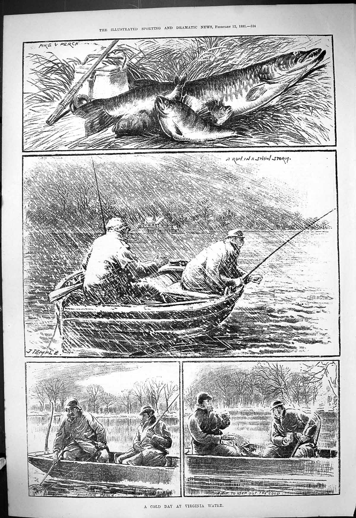 Antique Print 1881 Virginia Water River Fishing Pike Perch Men Angling Snow
