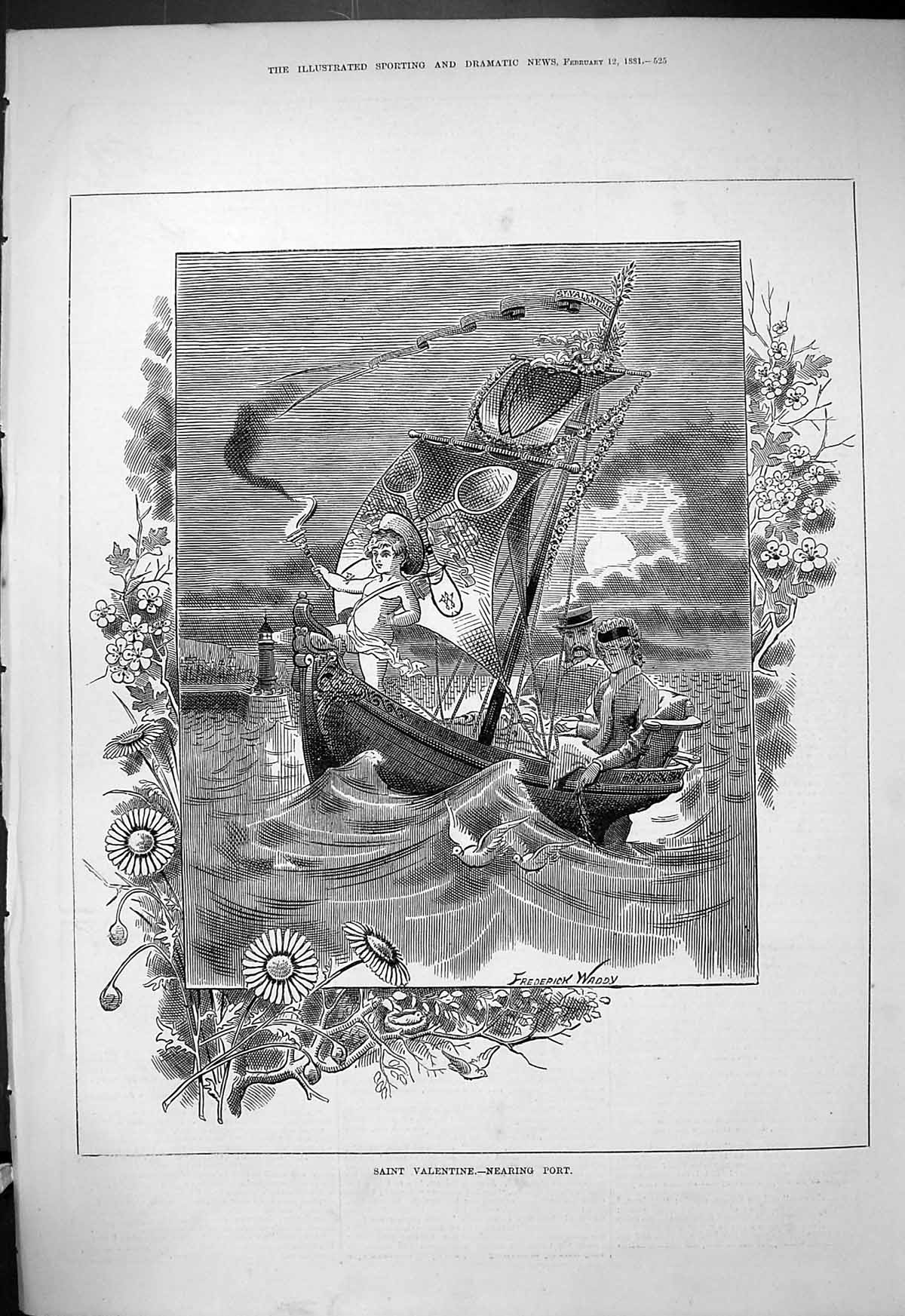 Original Old Antique Print 1881 Saint Valentine Sea Boat Romance Nearing Port