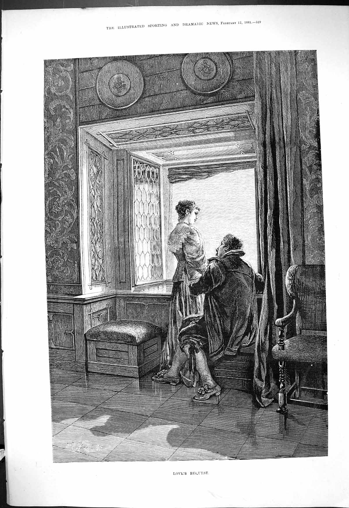Original Old Antique Print 1881 Love'S Request Man Lady House Window Romance