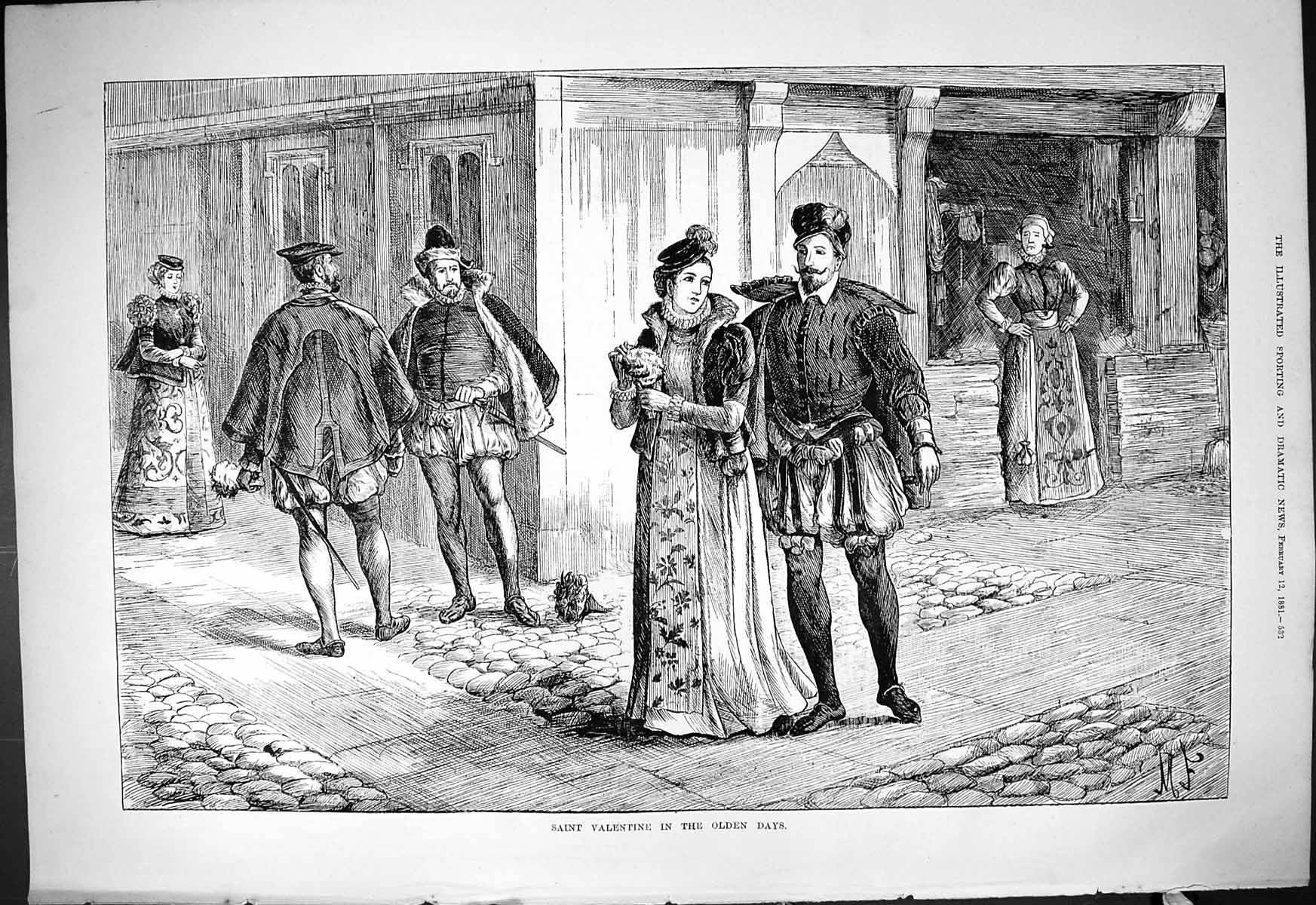 Original Old Antique Print 1881 Saint Valentine en Days Romance Men Ladies 19th