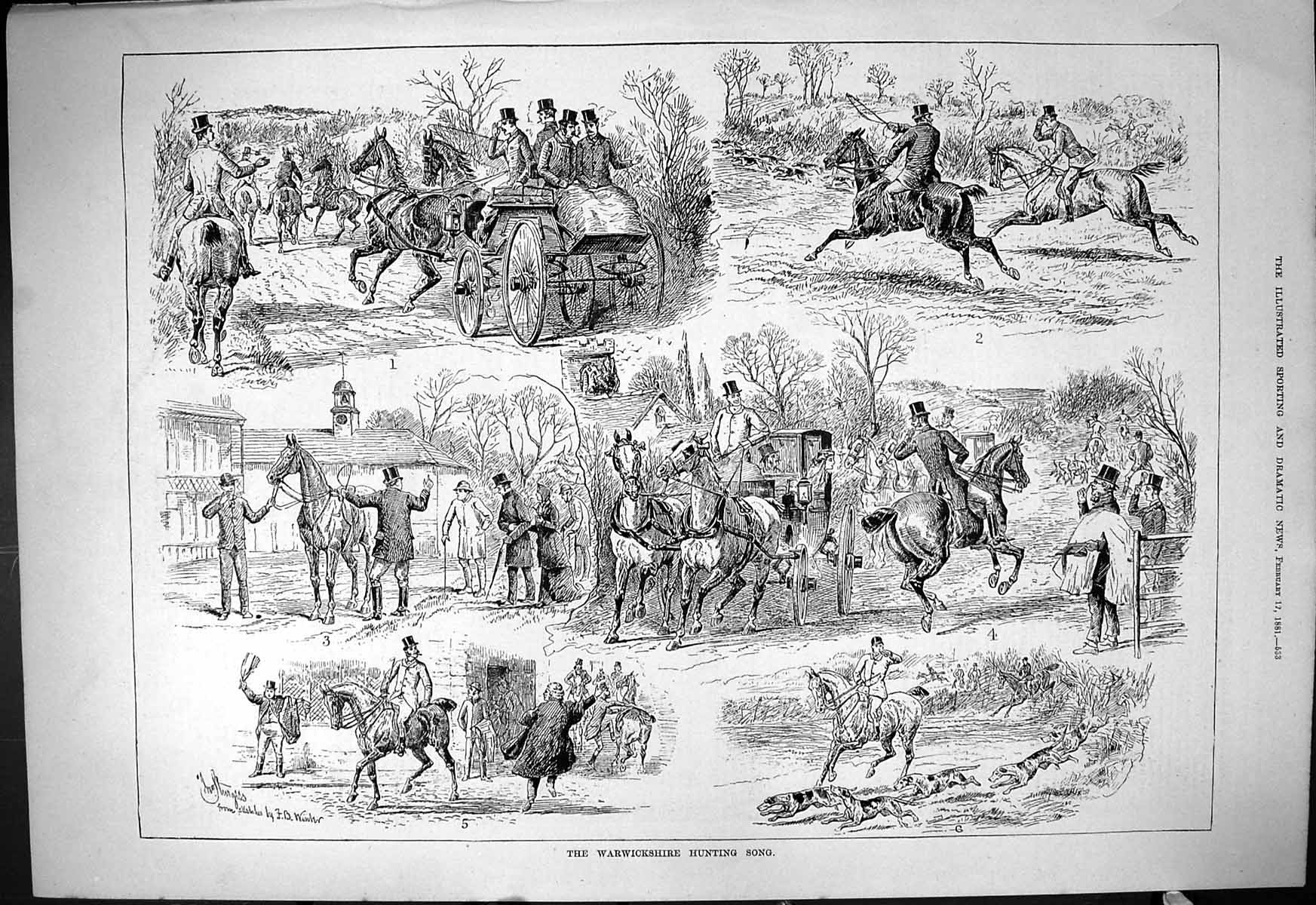 Antique Old Print 1881 Warwickshire Hunting Song Horses Hounds Huntsmen Sport