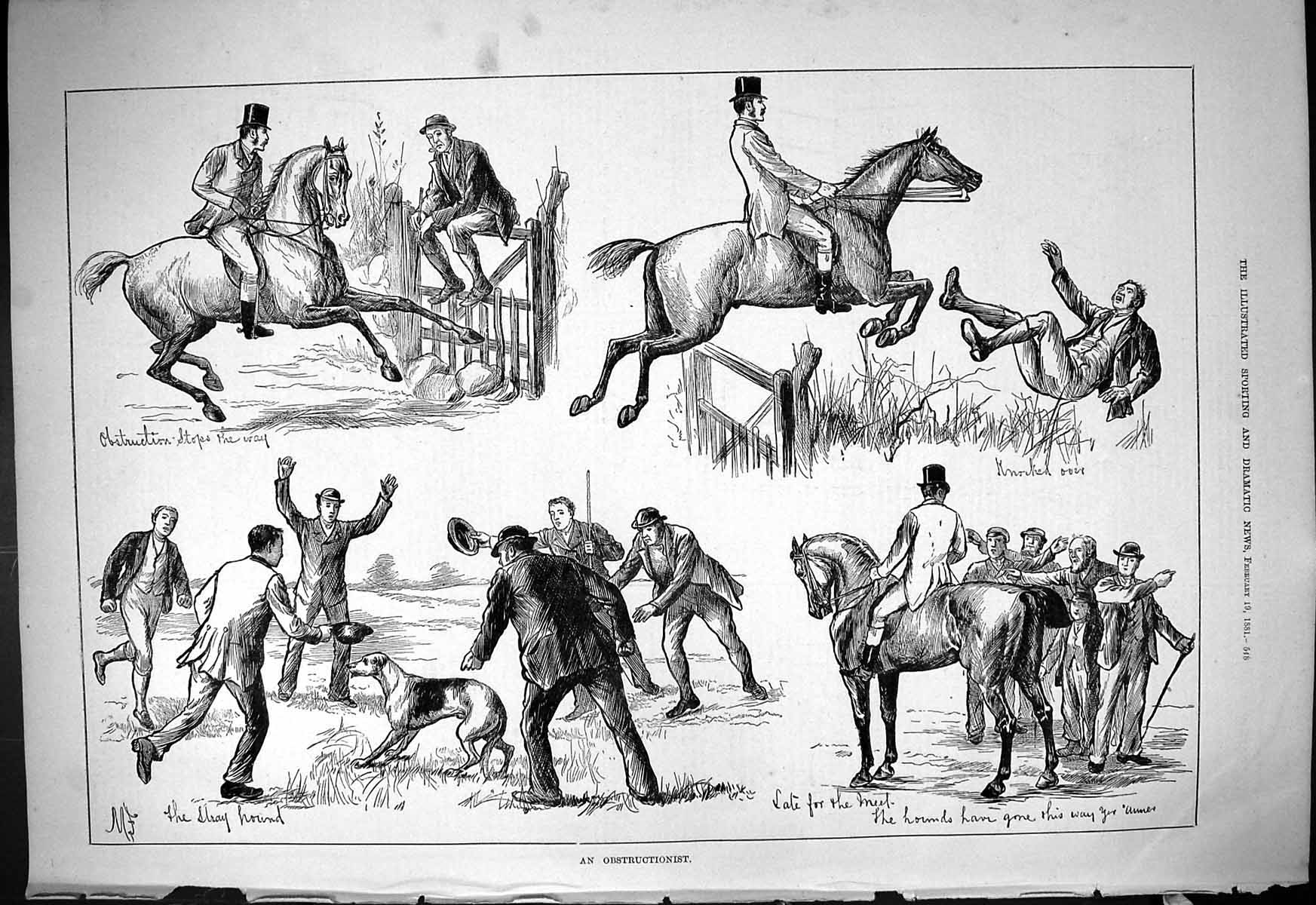 Old Print 1881 Obstructionist Man Against Hunting Horses Stray Hound Dog 19th