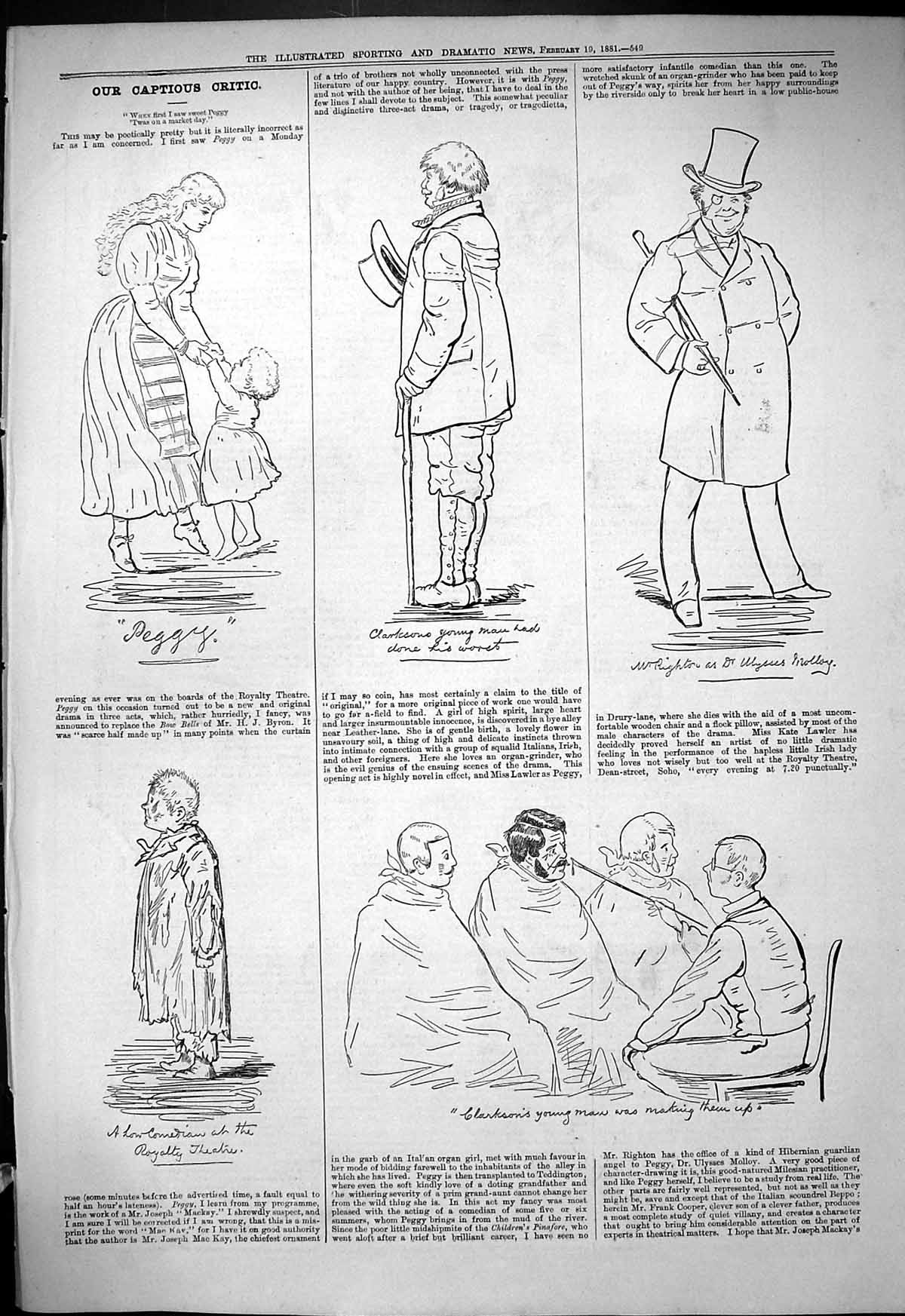 Old 1881 Captious Critic Theatre Little Girl Peggy Clarkson Young Men Victorian