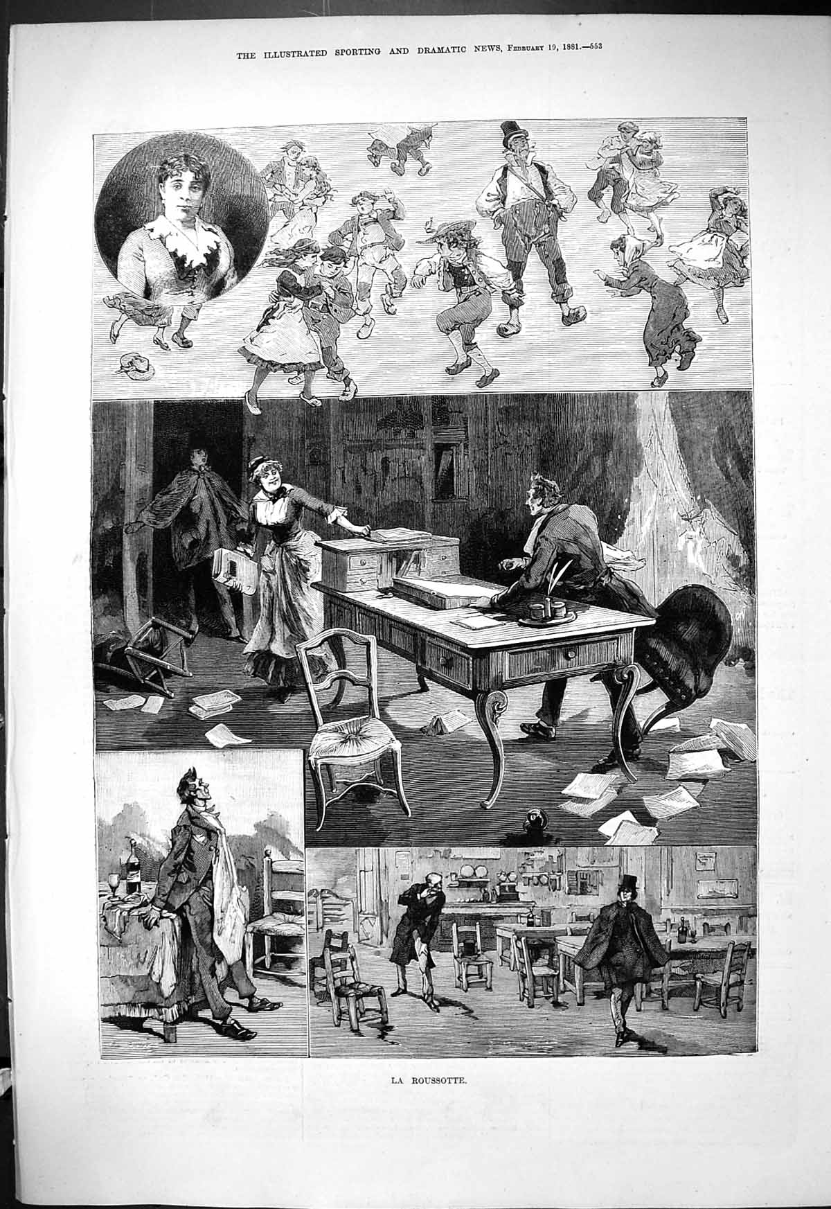 Antique Old Print 1881 La Roussotte Man Lady Children Dancing Theatre Scene