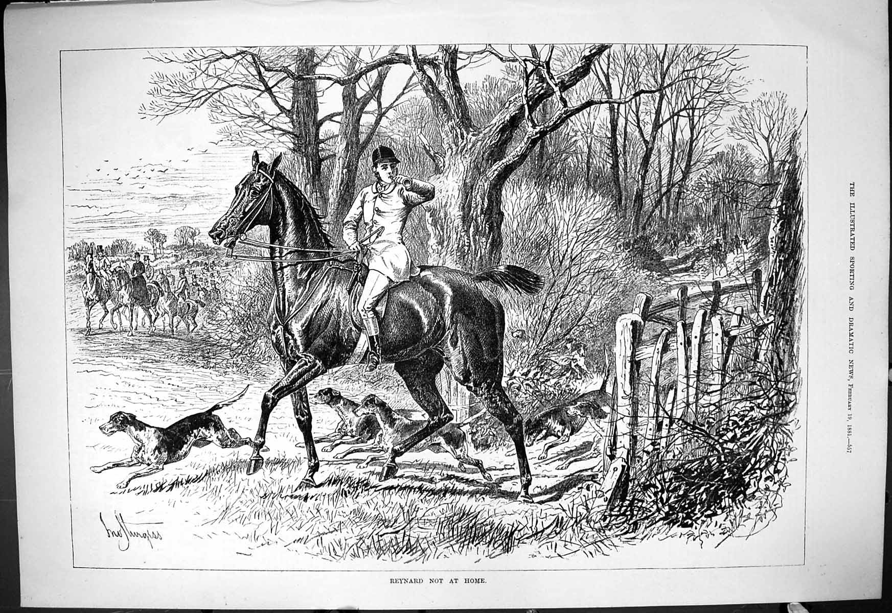 Old Antique Print 1881 Reynard Hunting Scene Horses Hounds Huntsmen Horn 19th