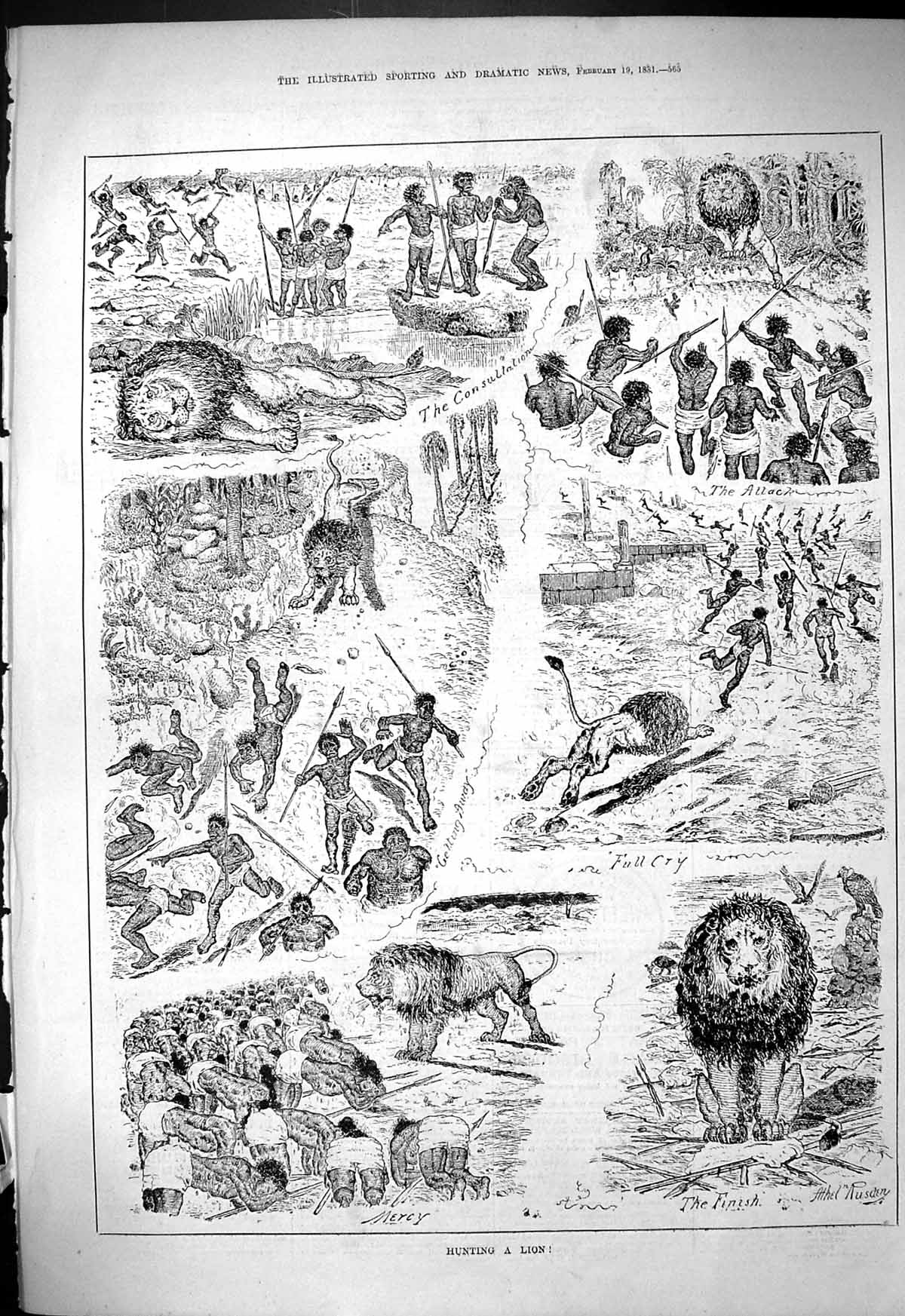 Original Old Antique Print 1881 Hunting Lion India Natives Spears Victorian