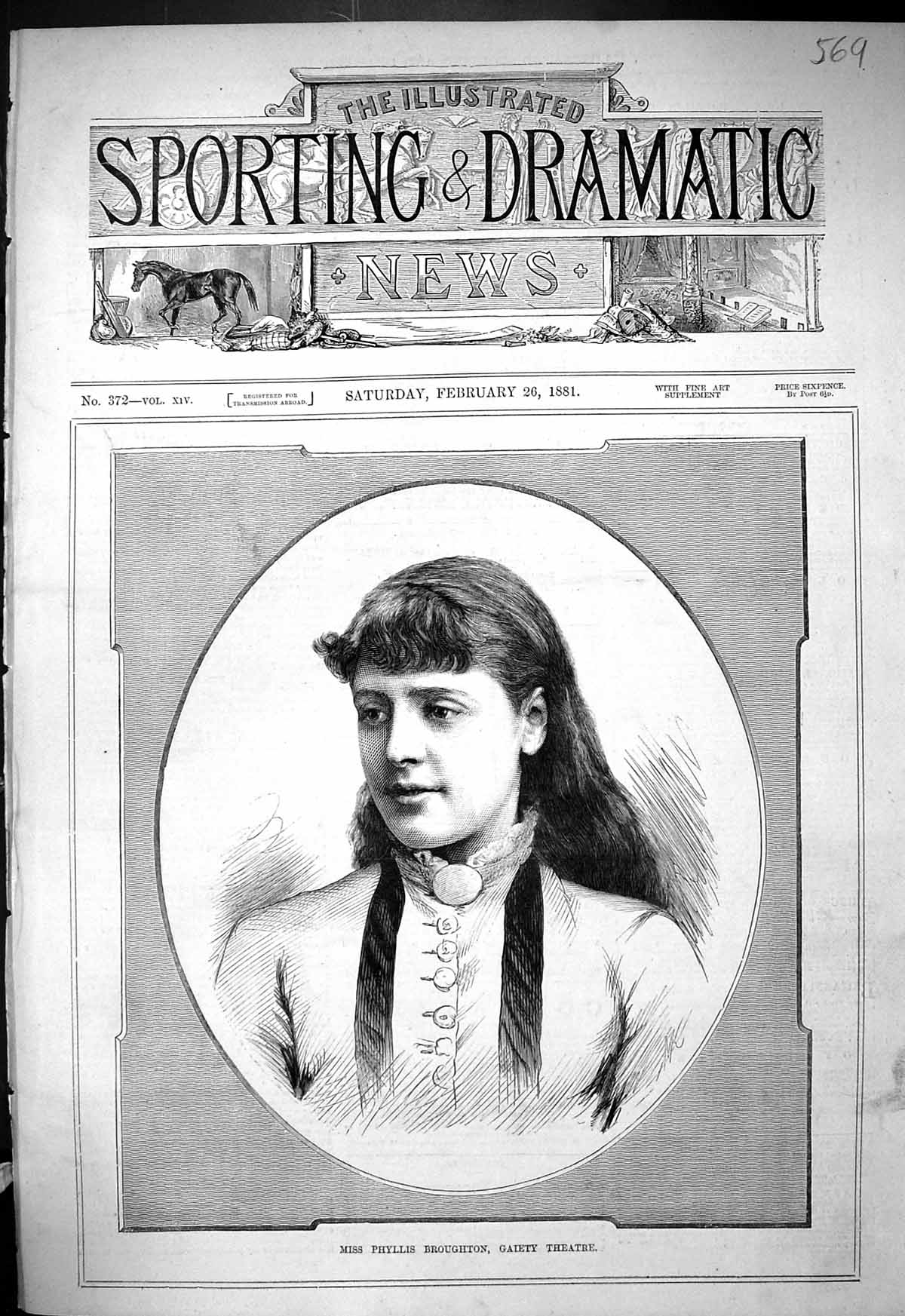 Original Old Antique Print 1881 Portrait Miss Phyllis Broughton Gaiety Theatre