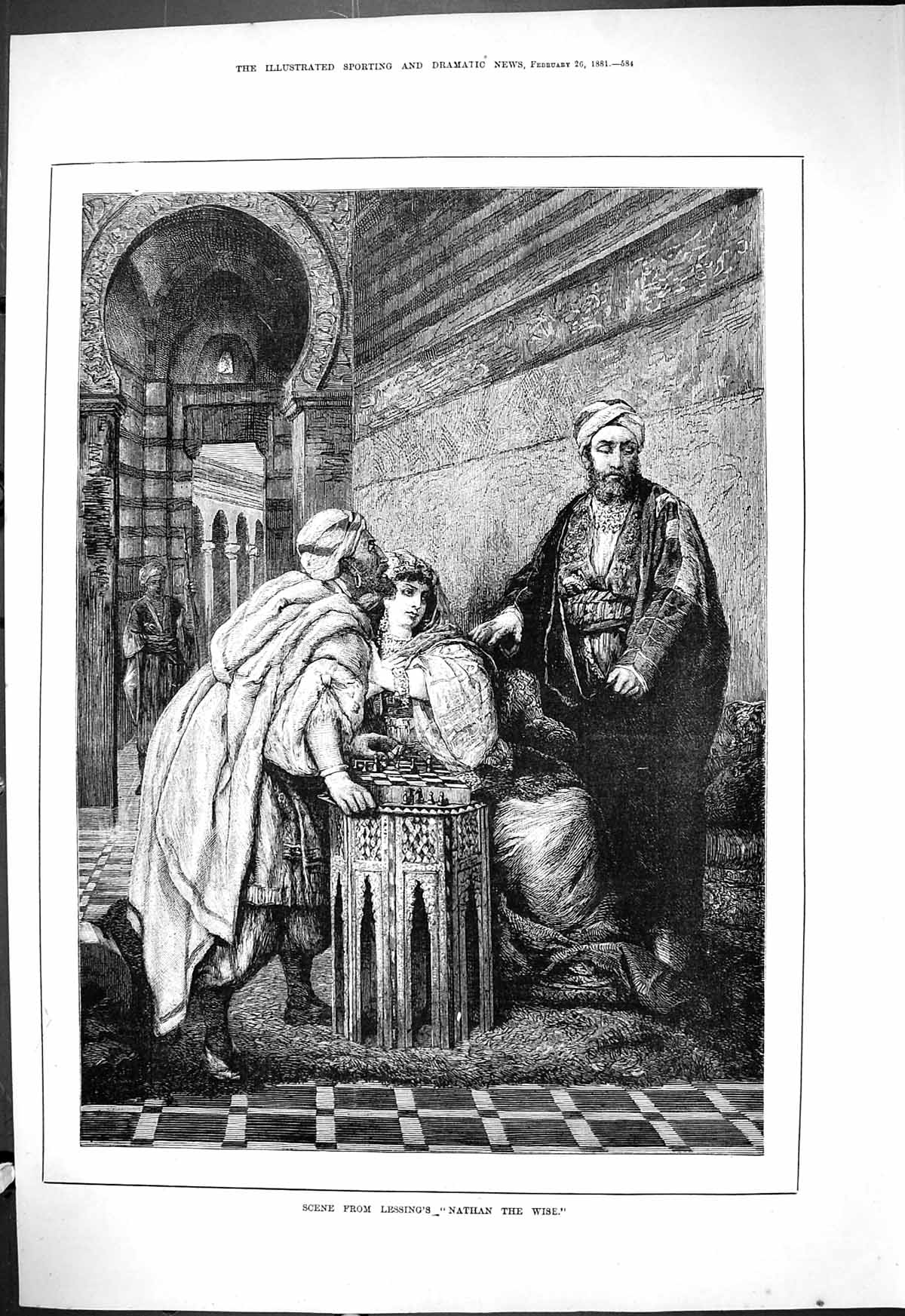 Original Old Antique Print 1881 Scene Lessings Nathan Wise Theatre Victorian