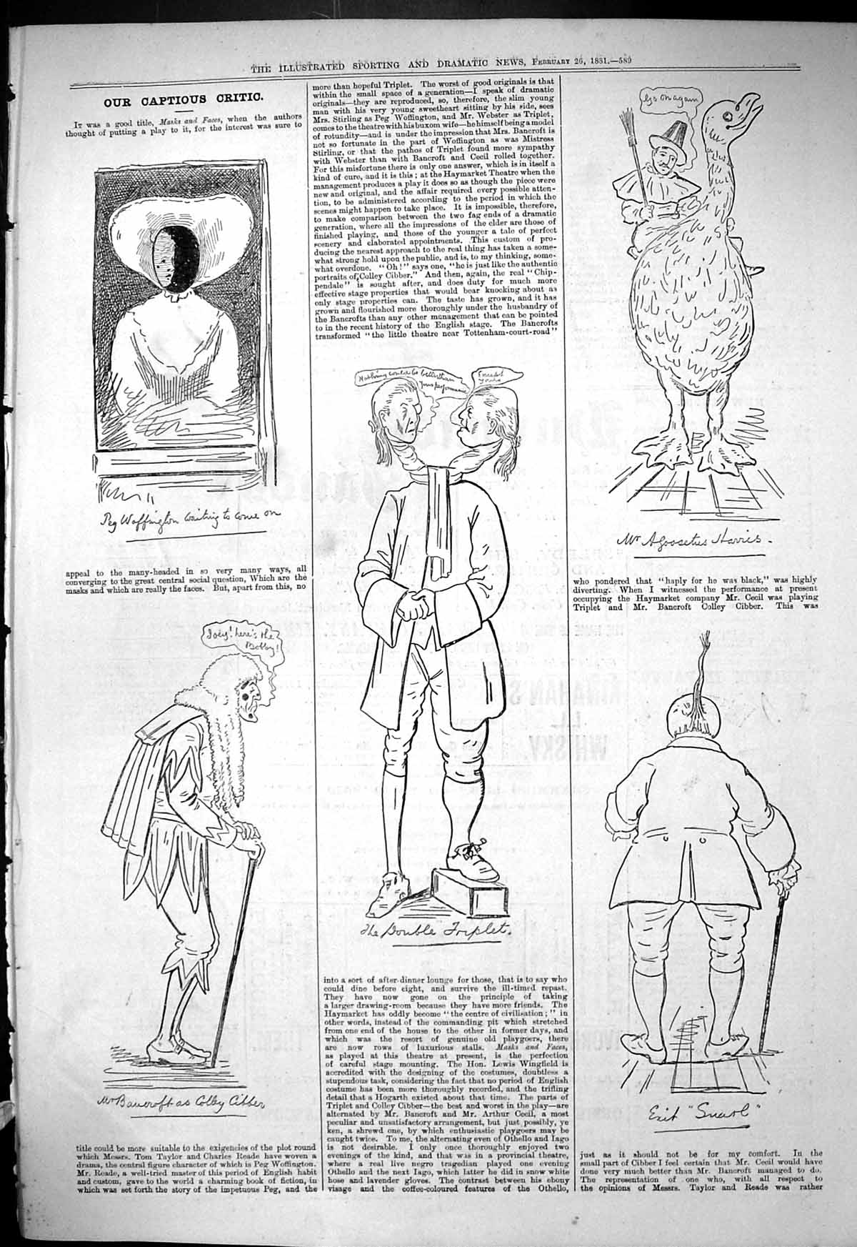 Original Old Antique Print 1881 Captious Critic Theatre Peg Woffington Sketches