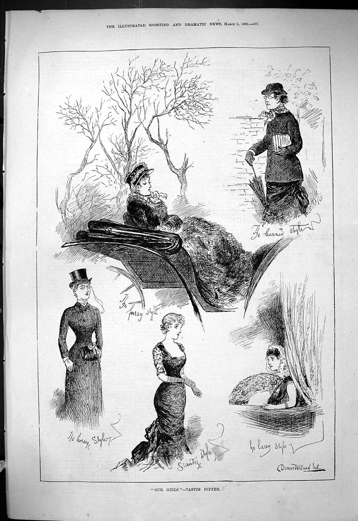 Original Old Antique Print 1881 Our Girls Ladies Fashion Tastes Differ 19th