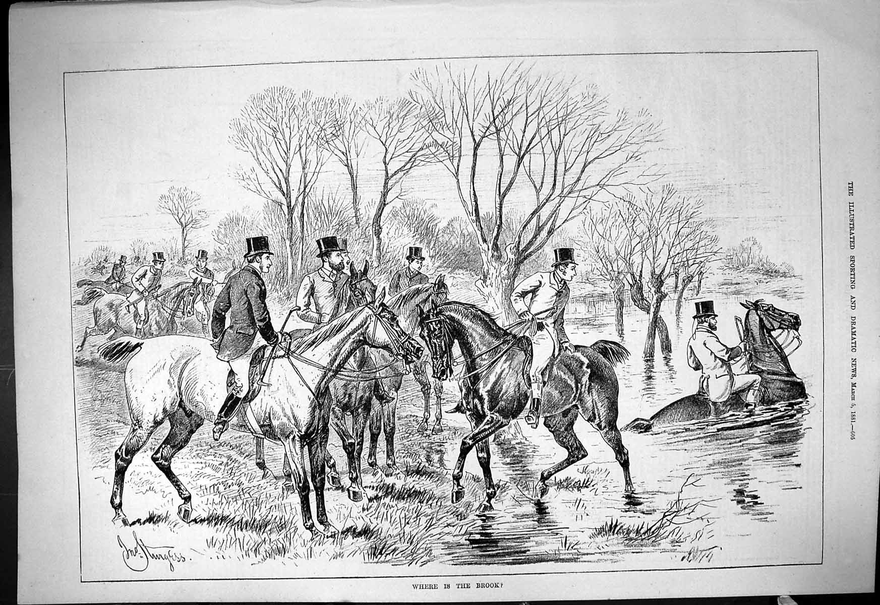 Original Old Antique Print 1881 Hunting Horses In The Brook Huntsmen Sport 19th
