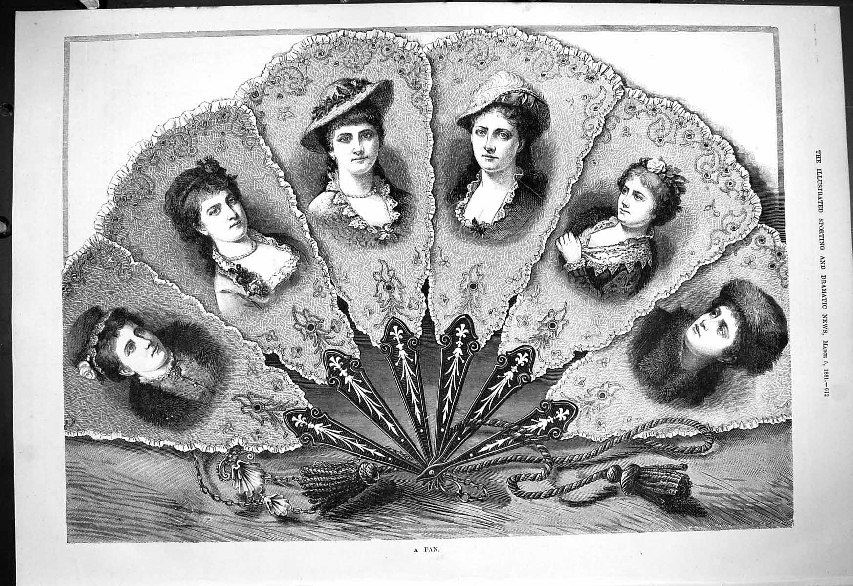 Original Old Antique Print 1881 Fan Beautiful Women Heads 19th