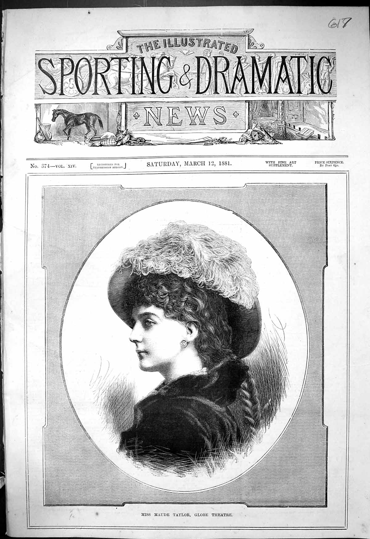 Antique Print 1881 Portrait Miss Maude Taylor Globe Theatre Beautiful Woman