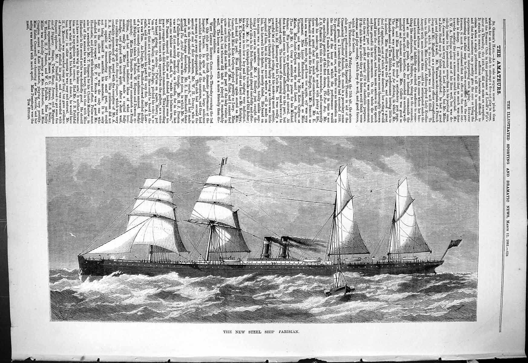 Original Old Antique Print 1881 Steel Ship Parisian Sailing Sea Scene Victorian