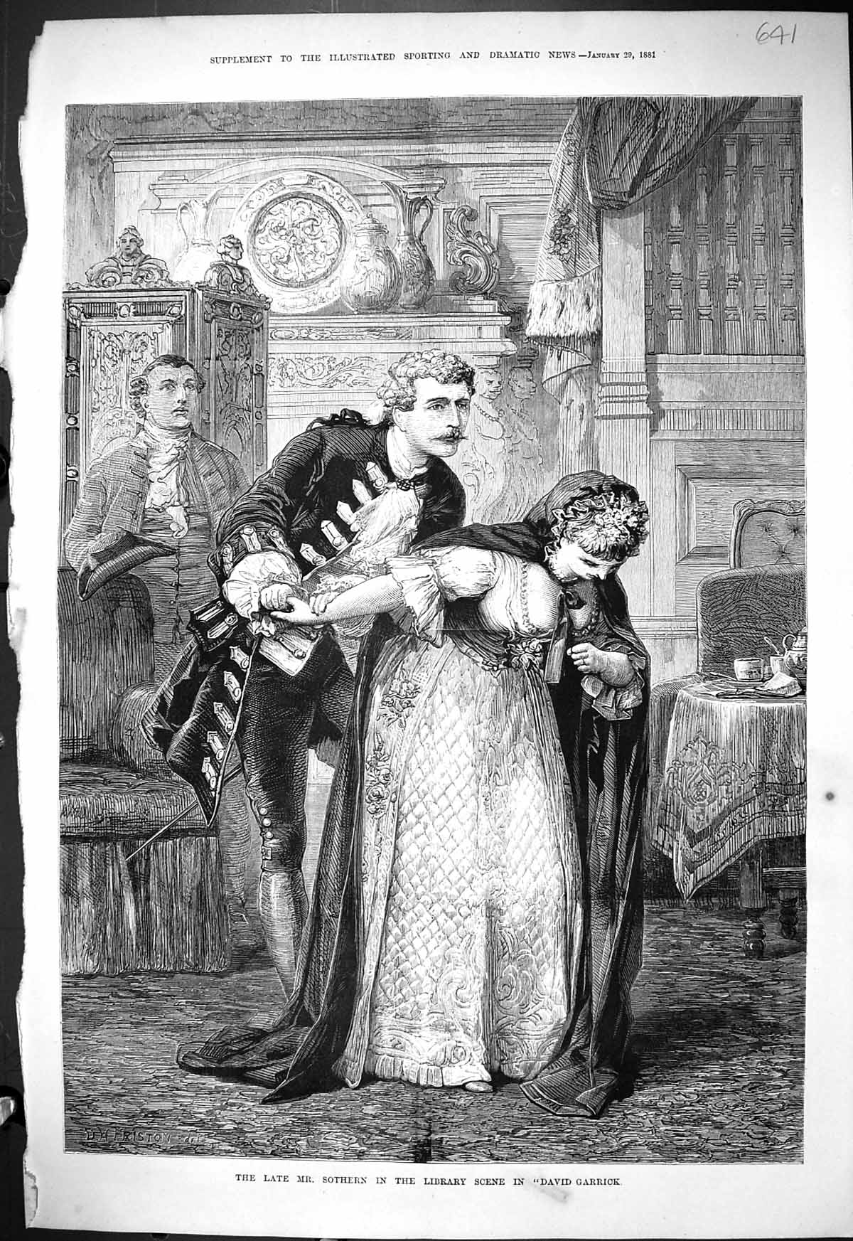 Old 1881 Mr Sothern Library Scene David Garrick Theatre Scene Romance Victorian