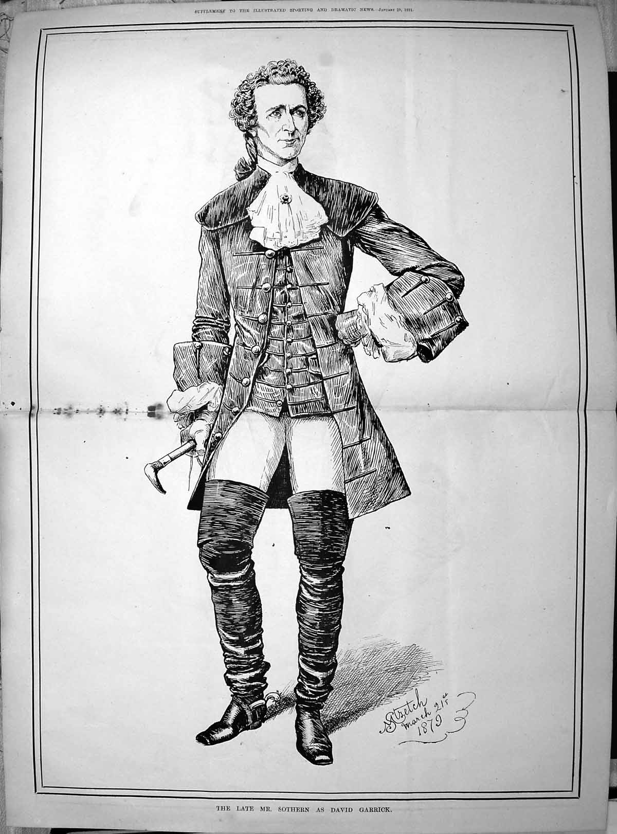 Original Old Antique Print 1881 Portrait Mr Sothern David Garrick Theatre 19th