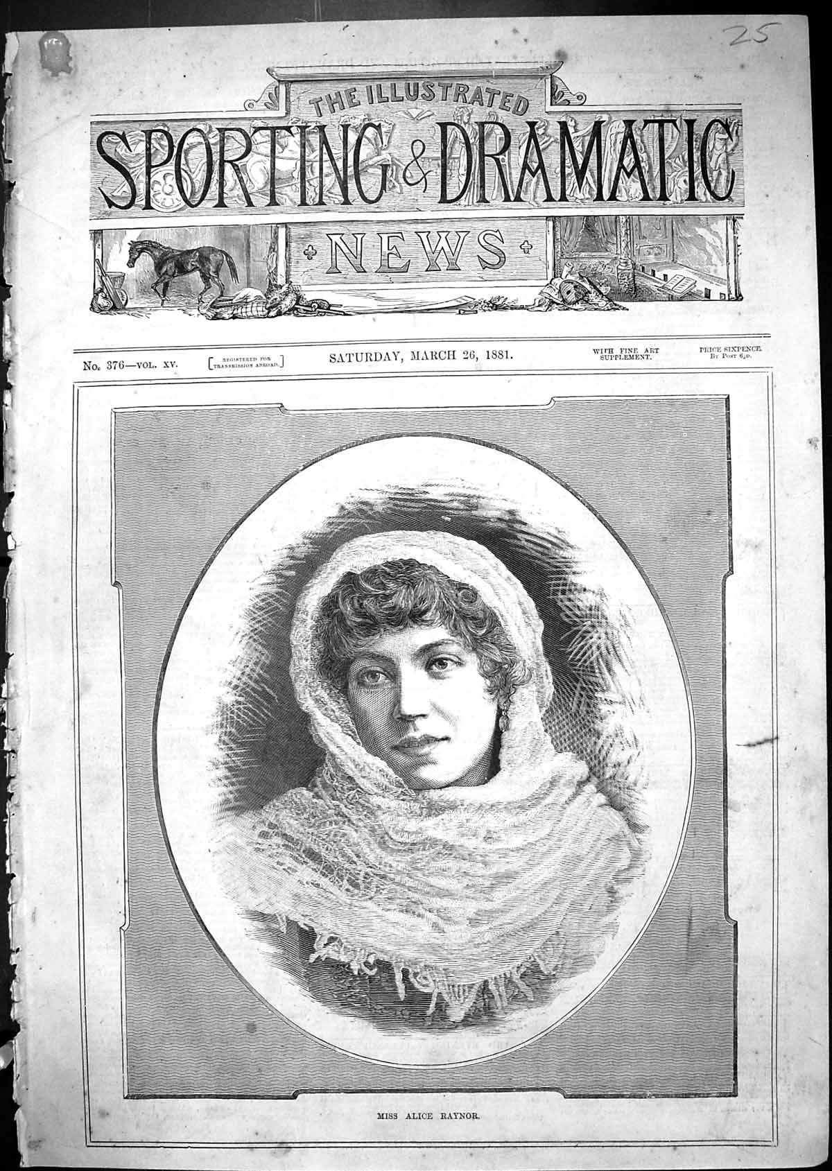 Original Old Antique Print Portrait Miss Alice Raynor Beautiful Woman 1881 19th