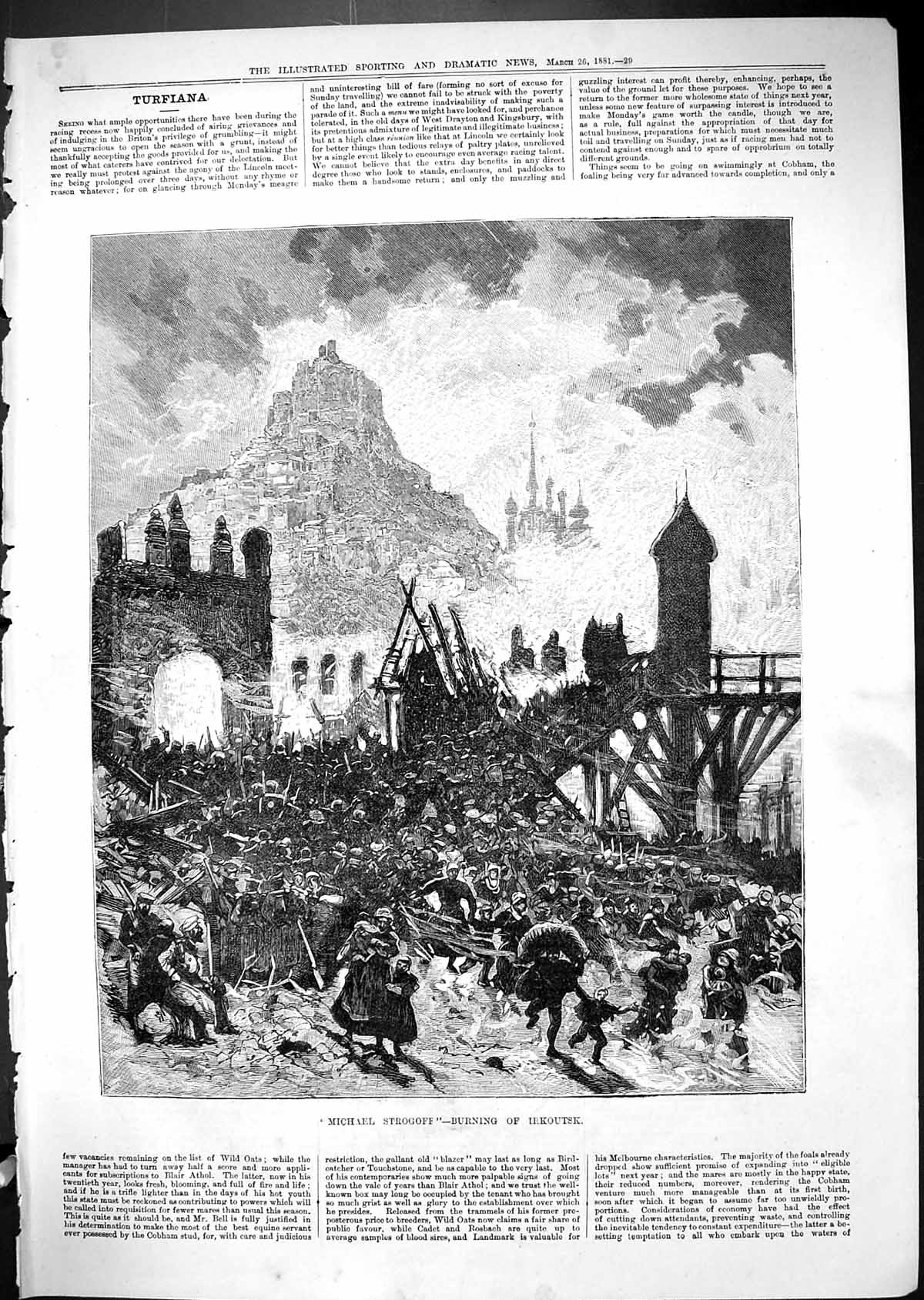 Original Old Antique Print 1881 Michael Strogoff Burning Irkoutsk Fire Scene