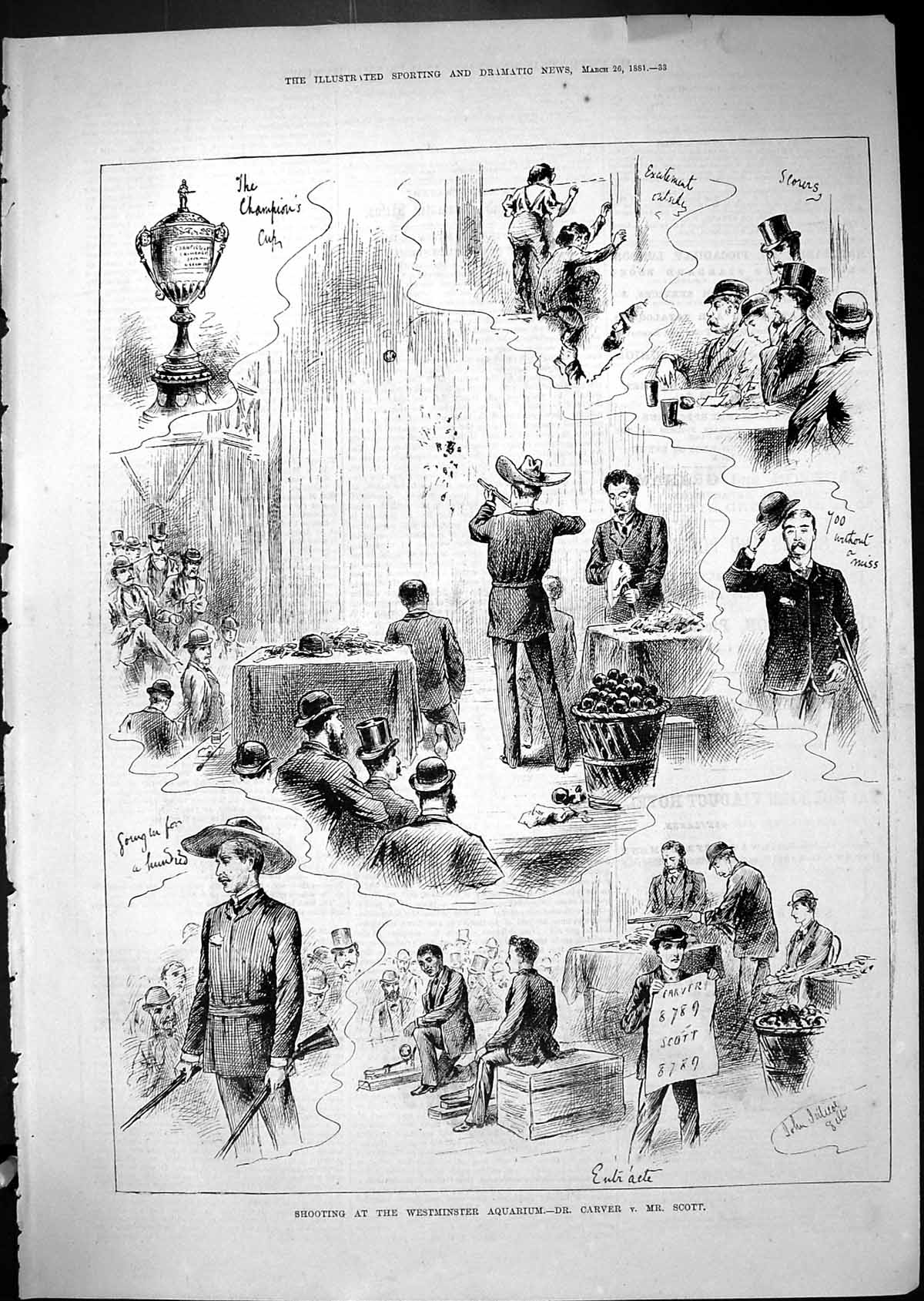 Old Antique Print 1881 Shooting Westminster Aquarium Carver Scott Sport 19th