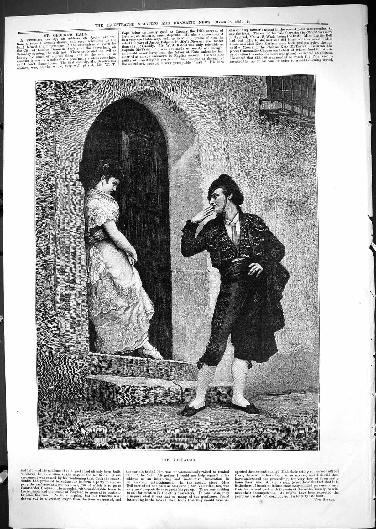 Original Old Antique Print 1881 Toreador Spanish Bull Fighter Man Woman Romance