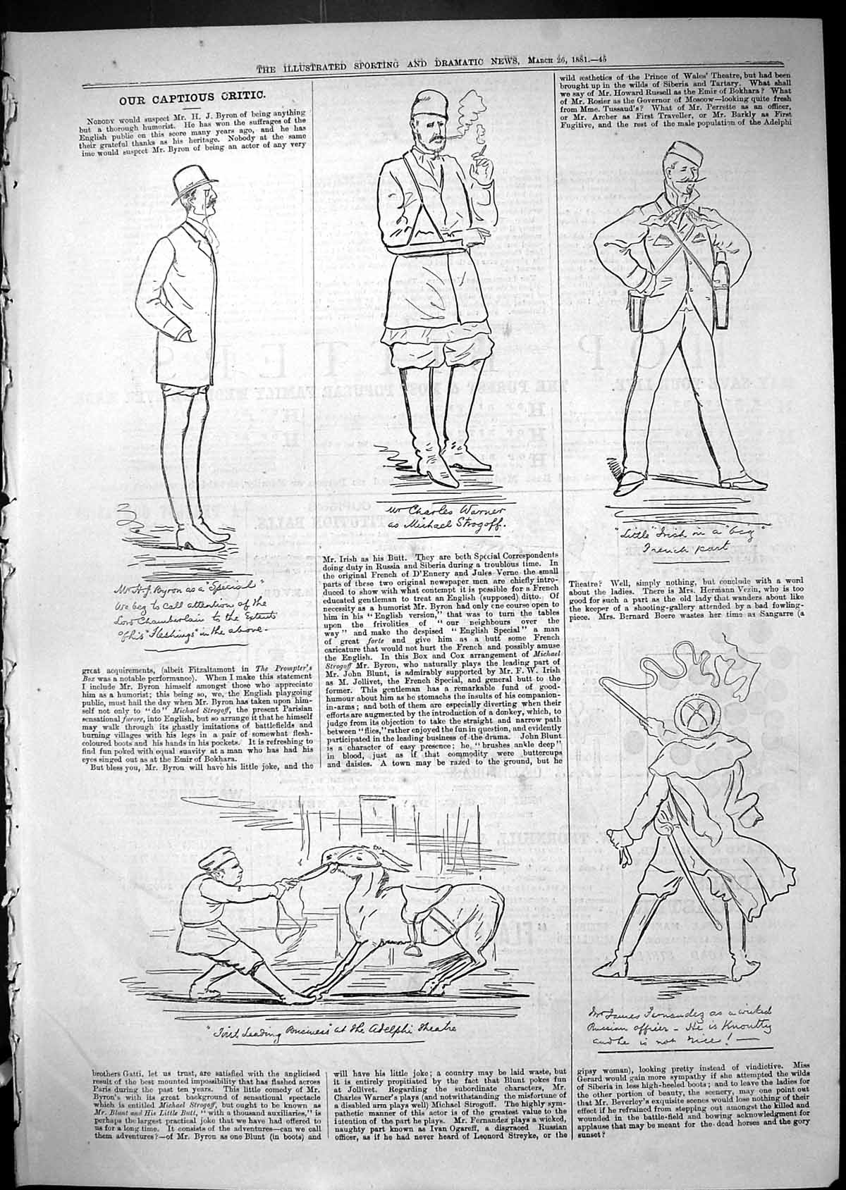 Antique Old Print 1881 Theatre Captious Critic Byron Charles Warner Alelphi