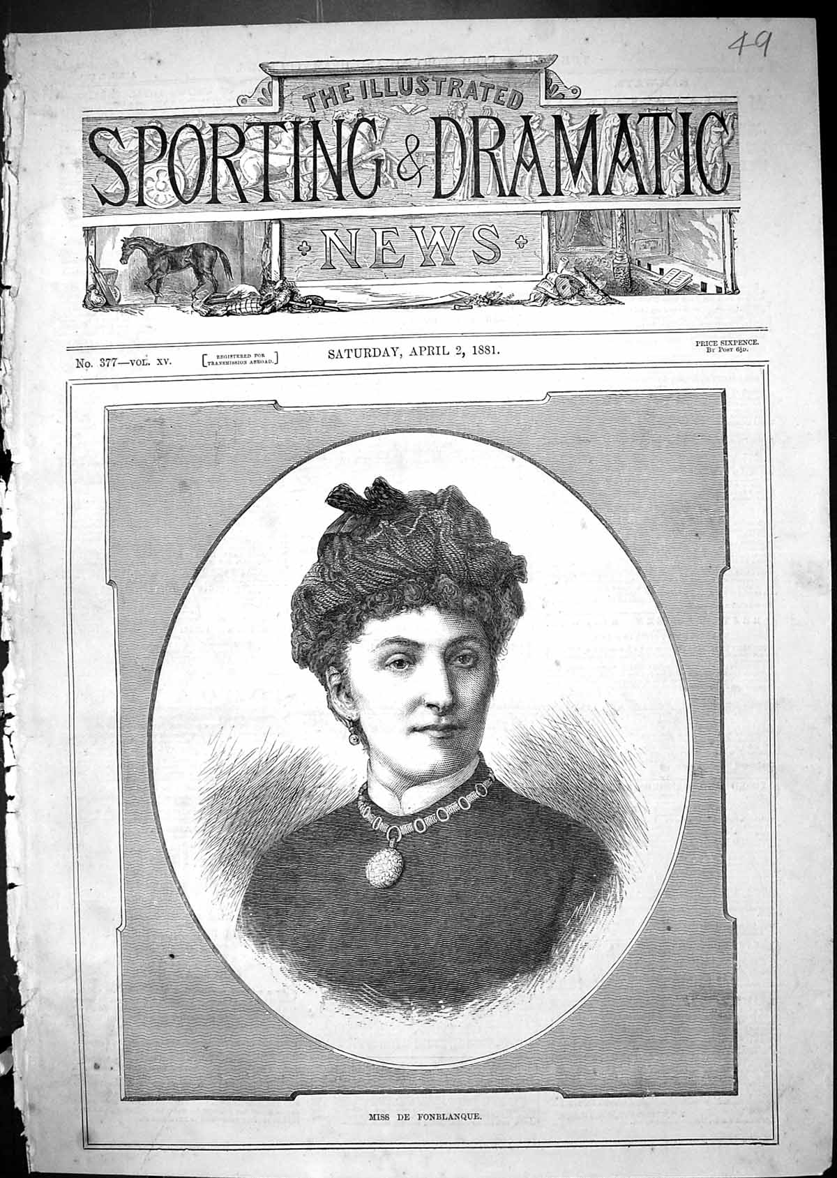 Original Old Antique Print 1881 Portrait Miss De Fonblanque Beautiful Woman