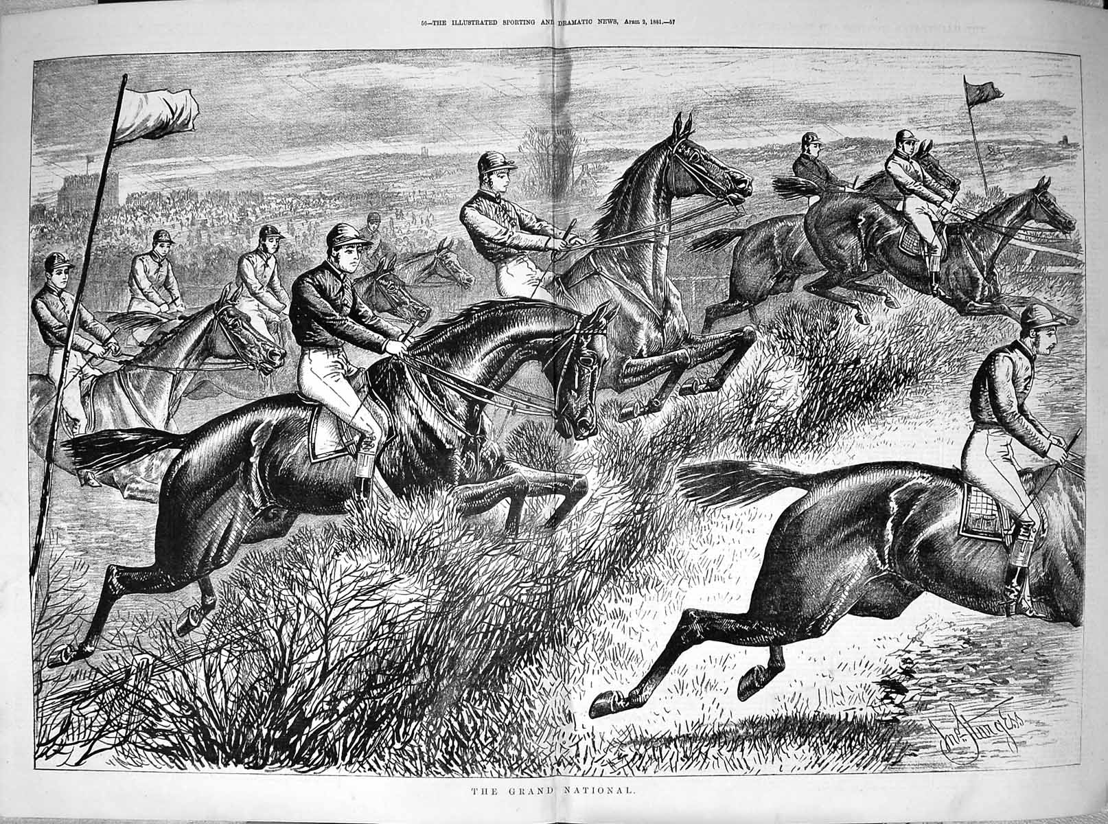 Antique Print 1881 Grand National Steeplechase Horse Racing Sport Jockeys 0 19th
