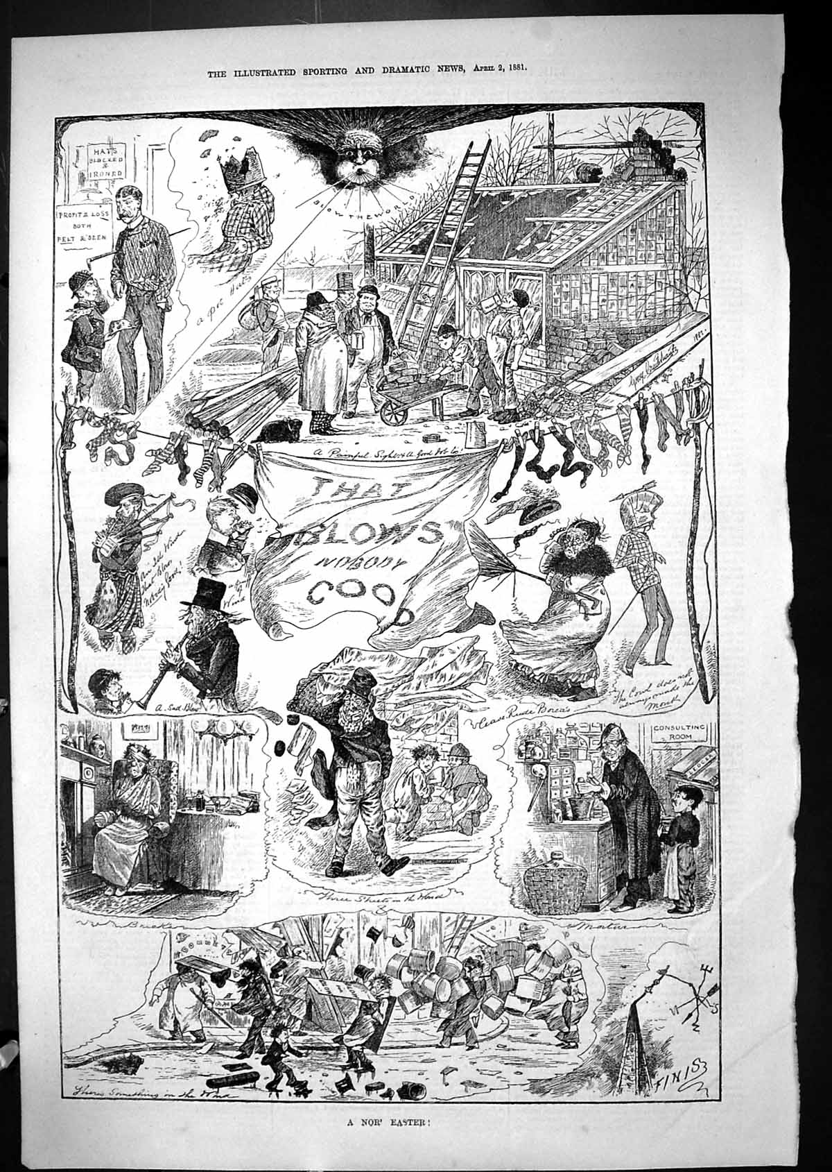 Original Old Antique Print 1881 Nor' Easter Stormy Weather Wind 19th