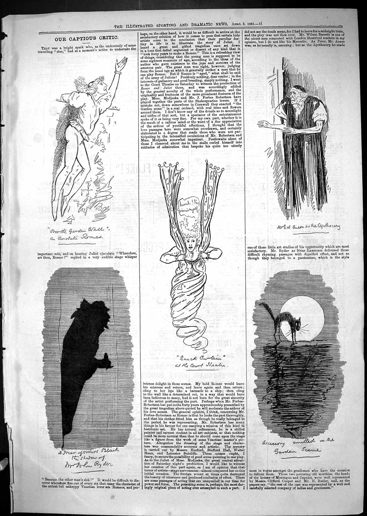 Antique Old Print 1881 Court Theatre Captious Critic Romeo John Ryder Anson
