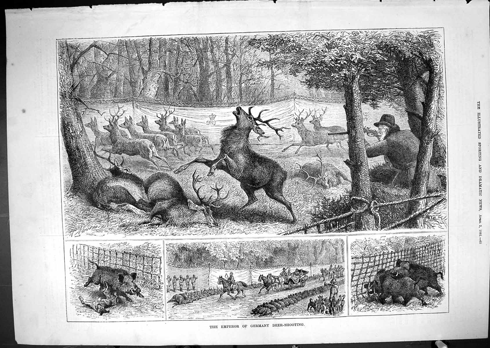 Original Old Antique Print 1881 Emperor Germany Deer Shooting Hunting Sport