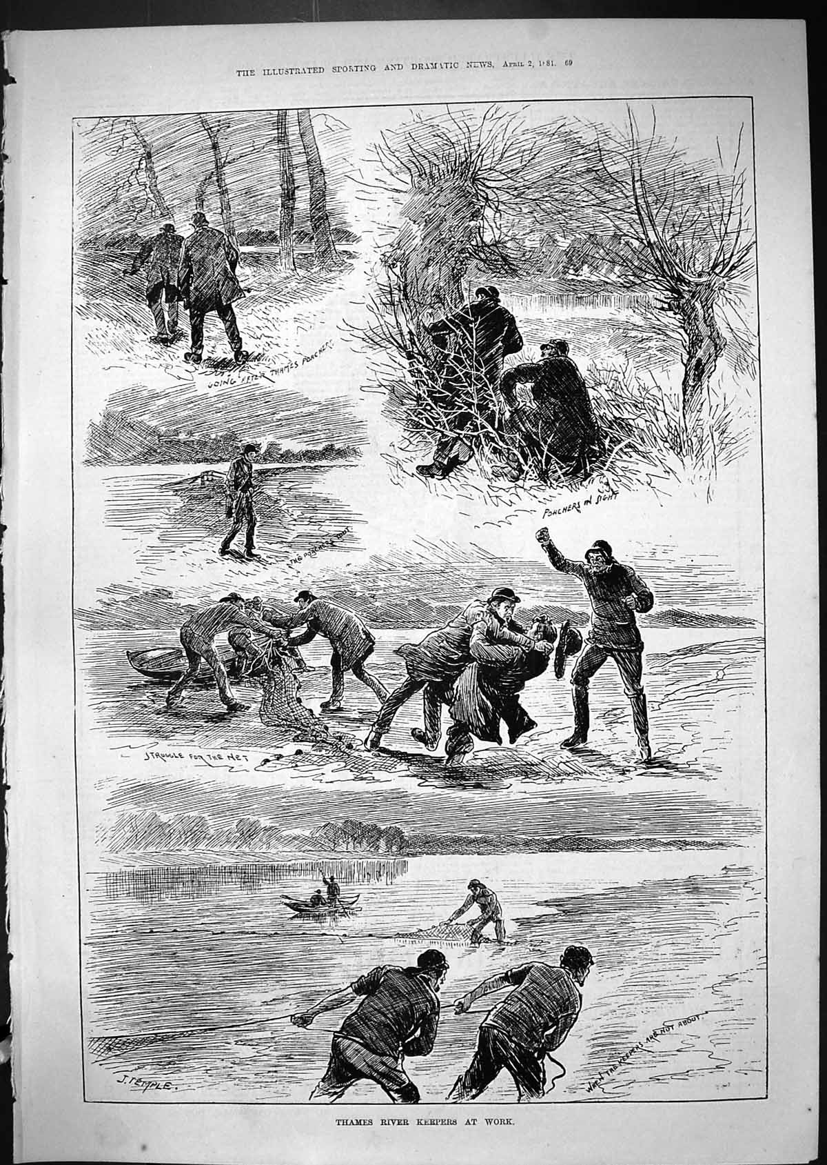 Old Antique Print 1881 Thames River Keepers Poachers Fishing Net London 19th