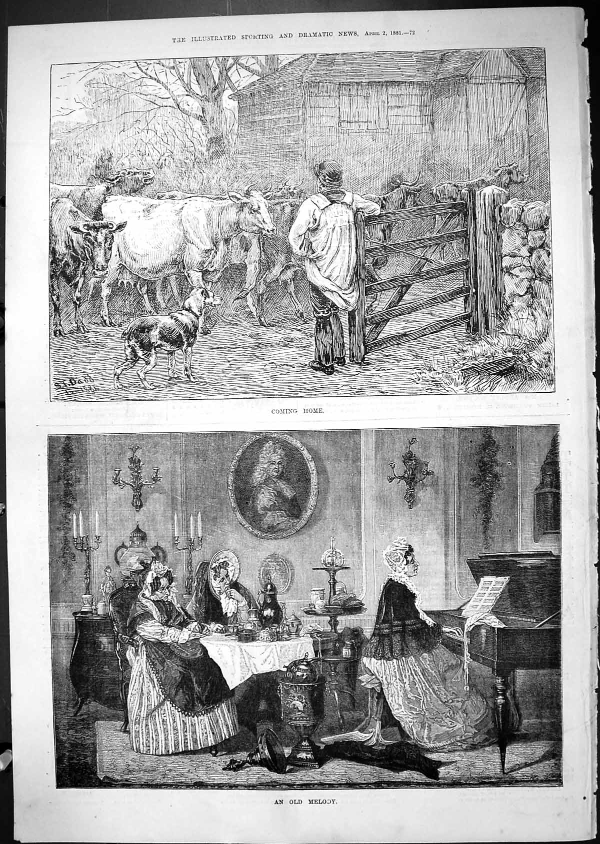 Original Old Antique Print 1881 Farmyard Cattle Coming Home Music Piano Melody