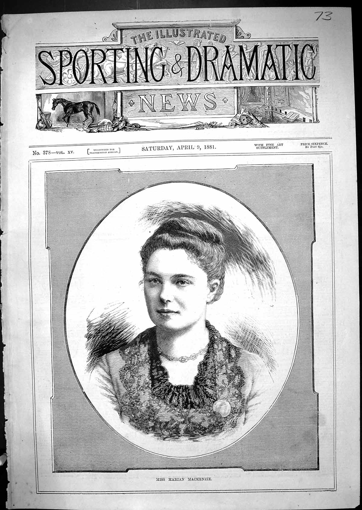 Original Old Antique Print Portrait Miss Marian Mackenzie Beautiful Woman 1881